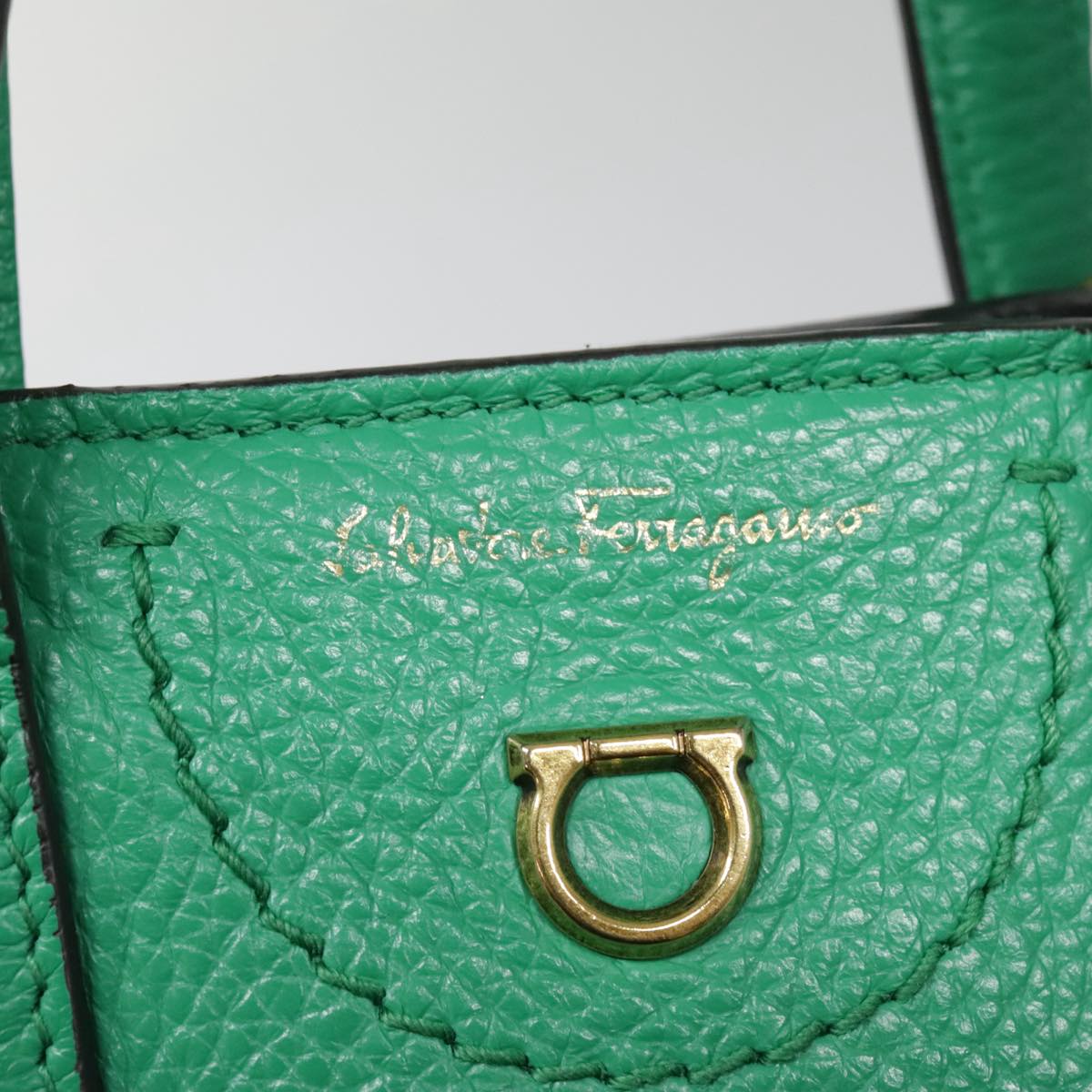 Salvatore Ferragamo Hand Bag Leather 2way Green Gold Auth 91385V