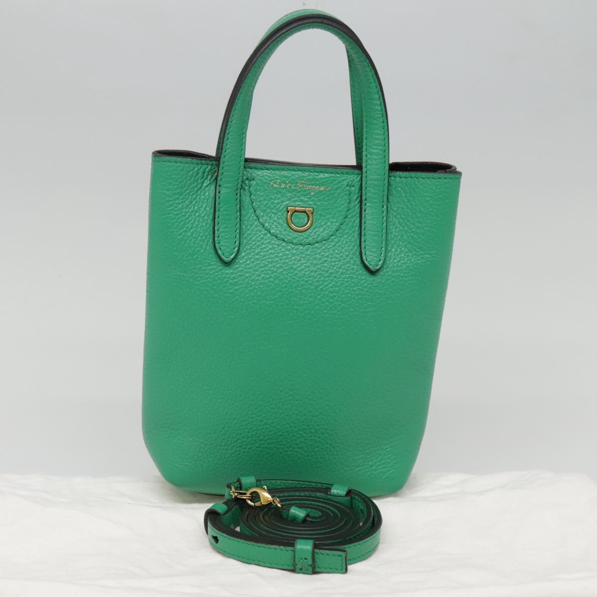 Salvatore Ferragamo Hand Bag Leather 2way Green Gold Auth 91385V