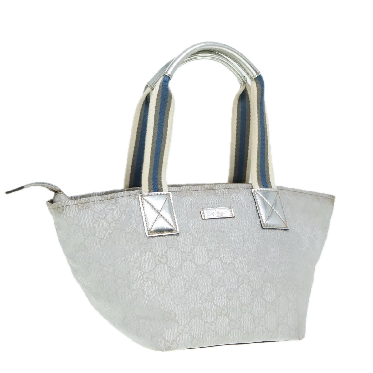 GUCCI Sherry Line GG Canvas Hand Bag Blue Gray Silver tone Auth 91391