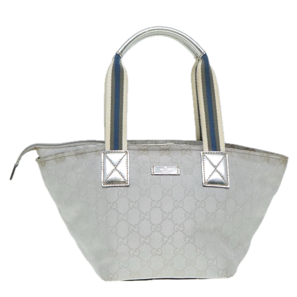 GUCCI Sherry Line GG Canvas Hand Bag Blue Gray Silver tone Auth 91391