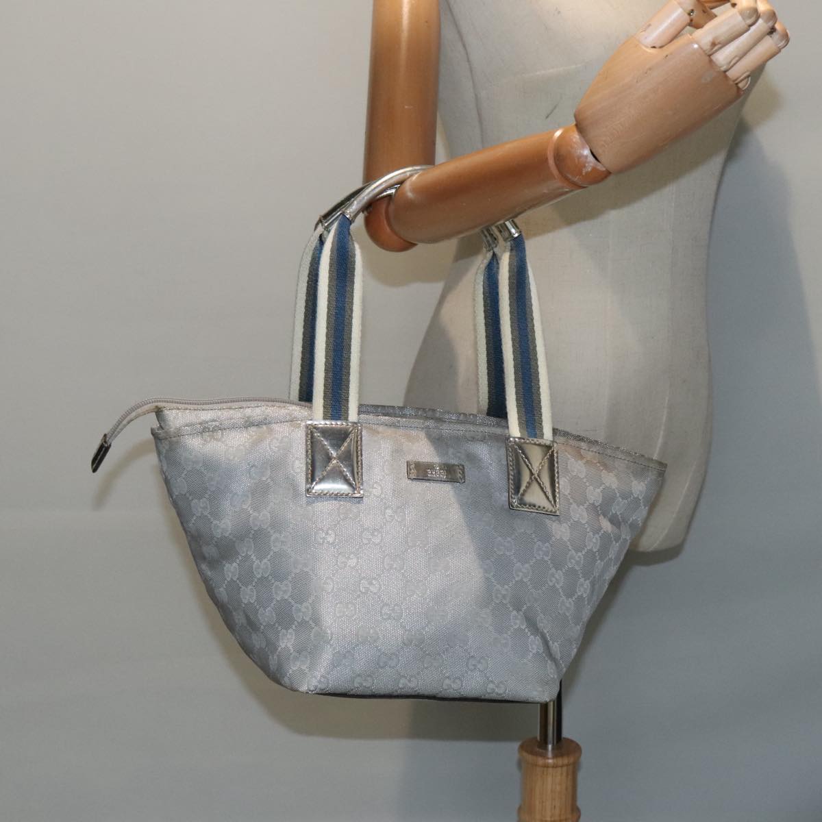 GUCCI Sherry Line GG Canvas Hand Bag Blue Gray Silver tone Auth 91391