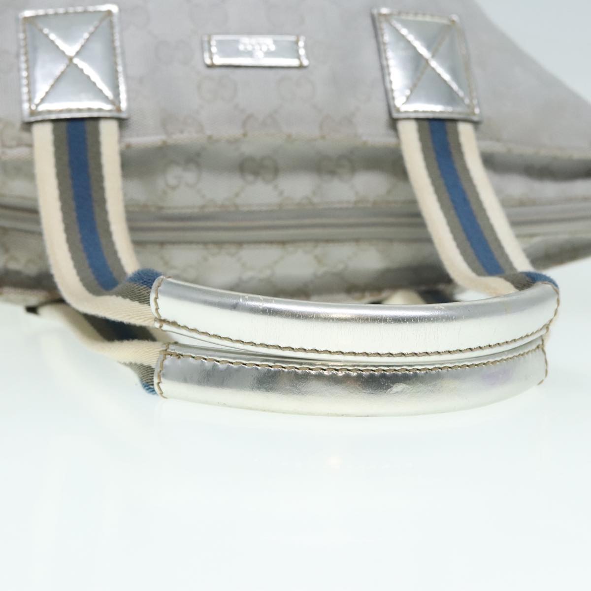 GUCCI Sherry Line GG Canvas Hand Bag Blue Gray Silver tone Auth 91391