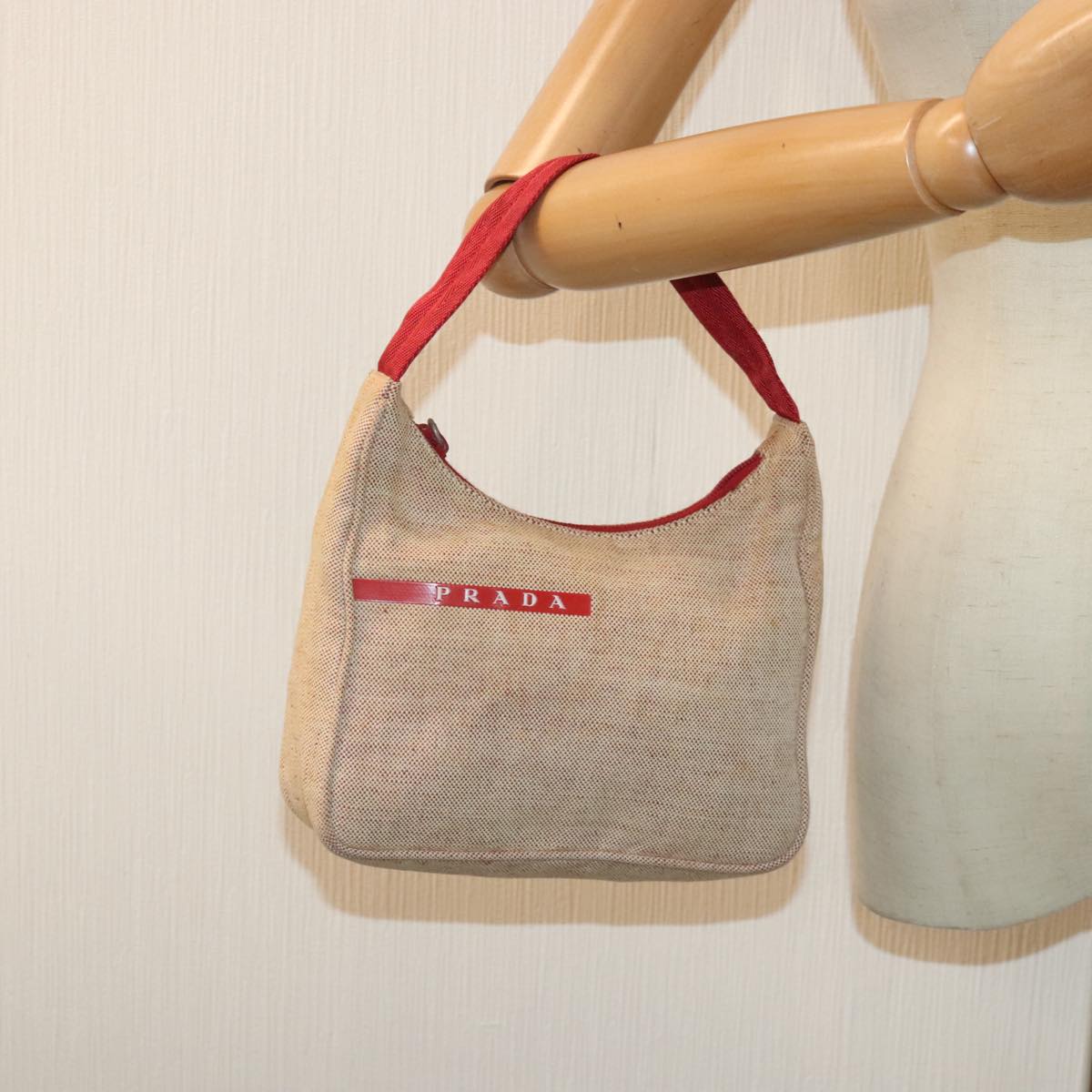 PRADA Sports Hand Bag Canvas Beige Red Auth 91403