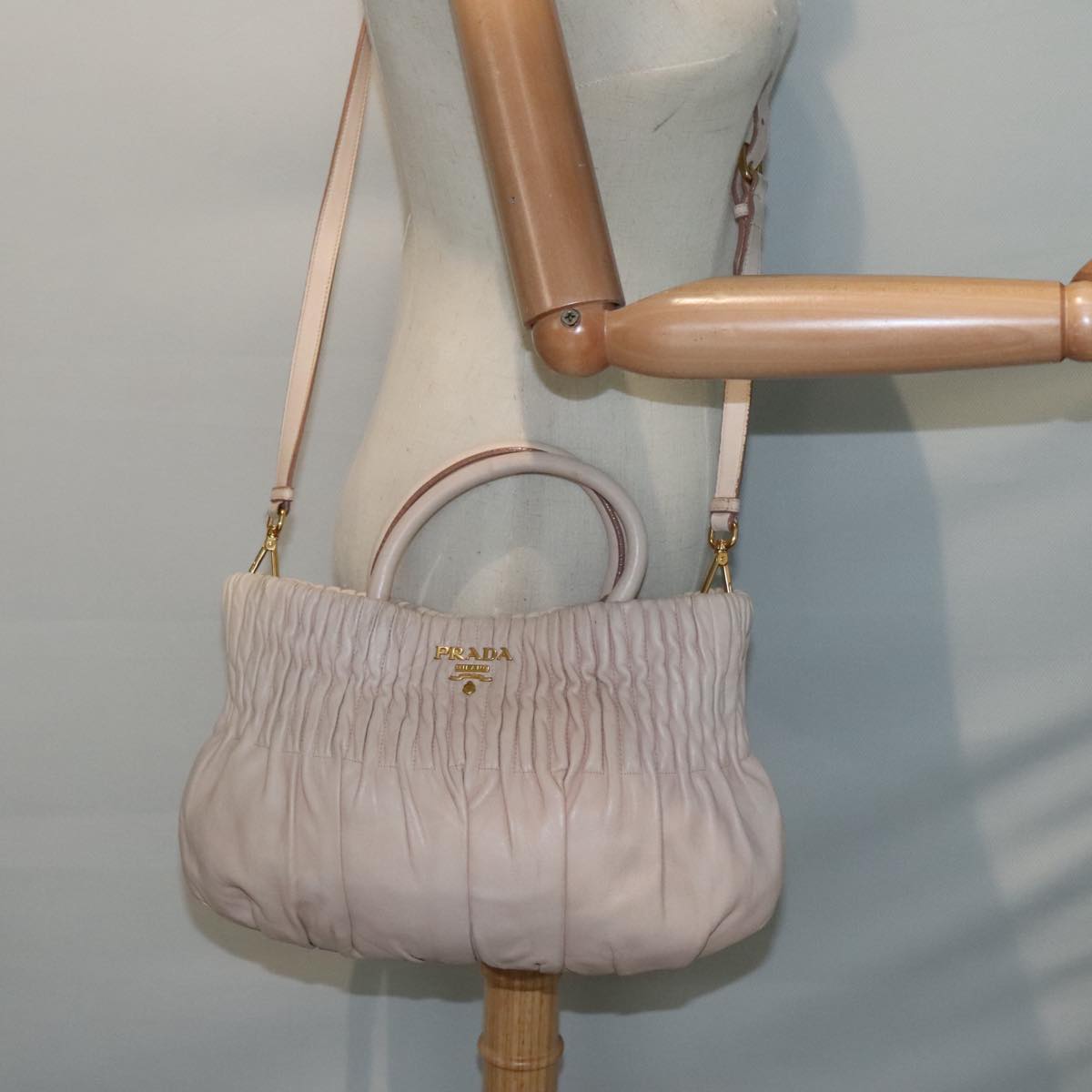 PRADA Hand Bag Leather 2way Pink Gold Auth 91404