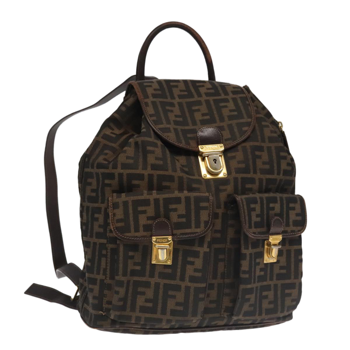 FENDI Zucca Canvas Backpack Brown Black gold Auth 91551