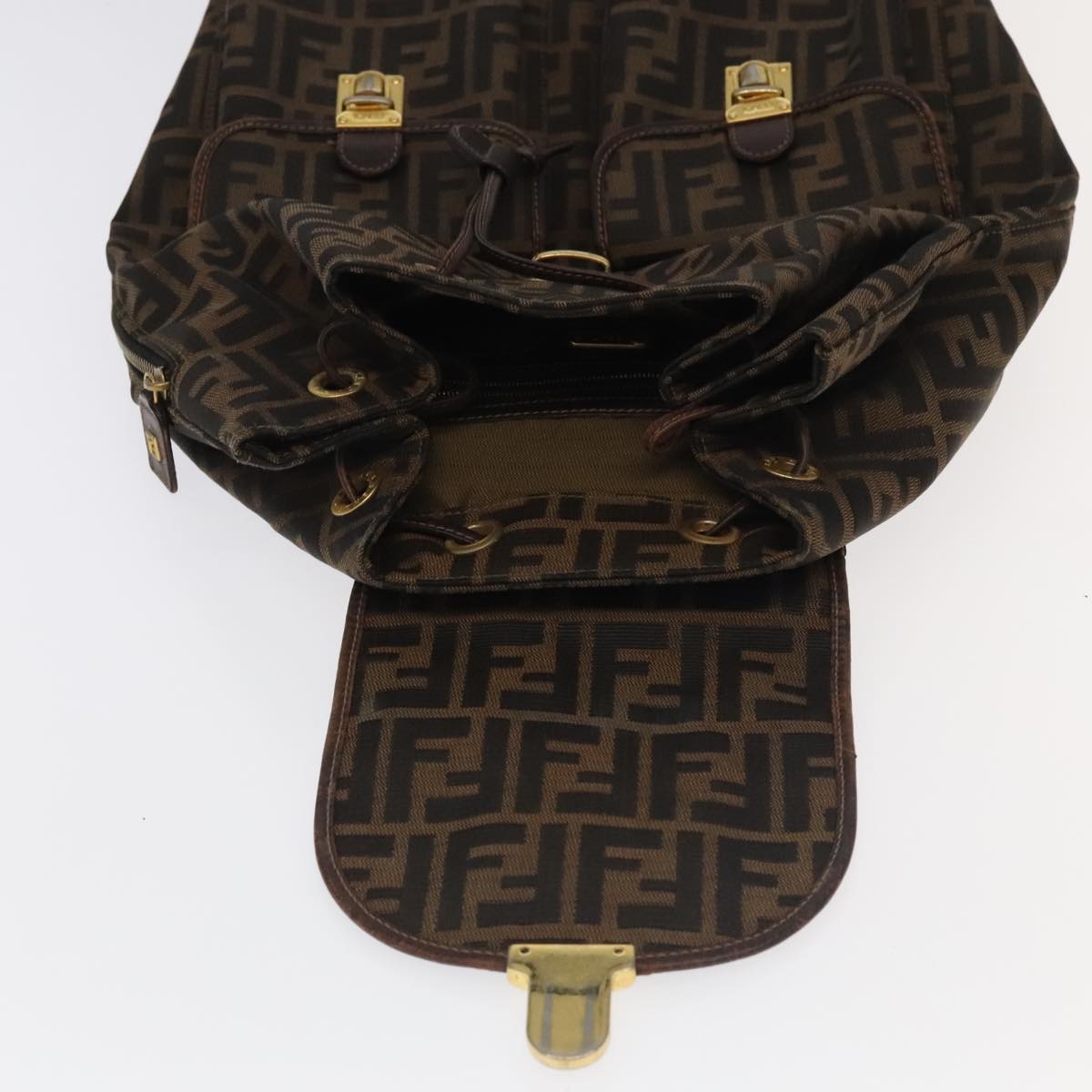 FENDI Zucca Canvas Backpack Brown Black gold Auth 91551V