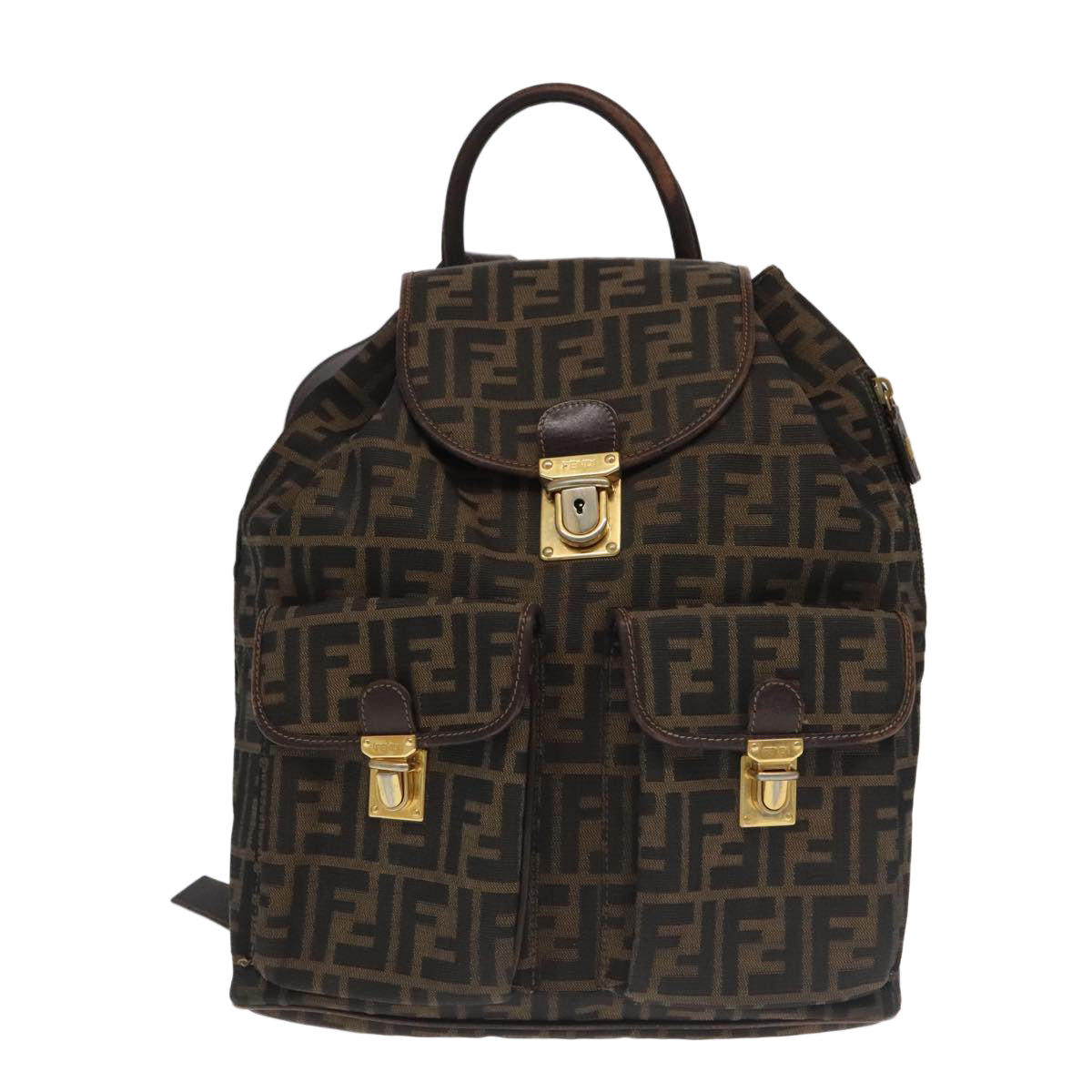 FENDI Zucca Canvas Backpack Brown Black gold Auth 91551