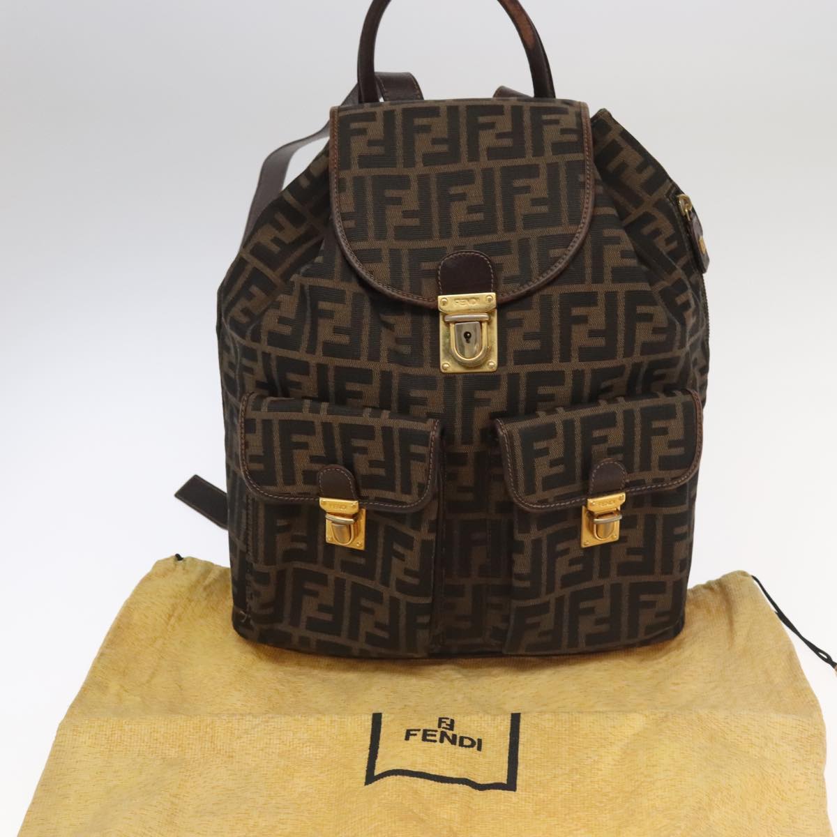 FENDI Zucca Canvas Backpack Brown Black gold Auth 91551