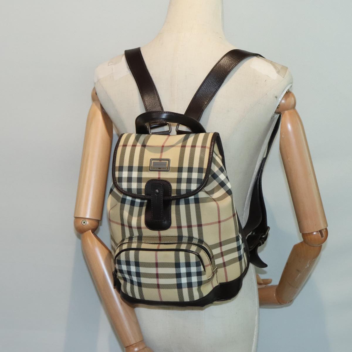 BURBERRY Nova Check Backpack PVC Leather Beige Auth 91566