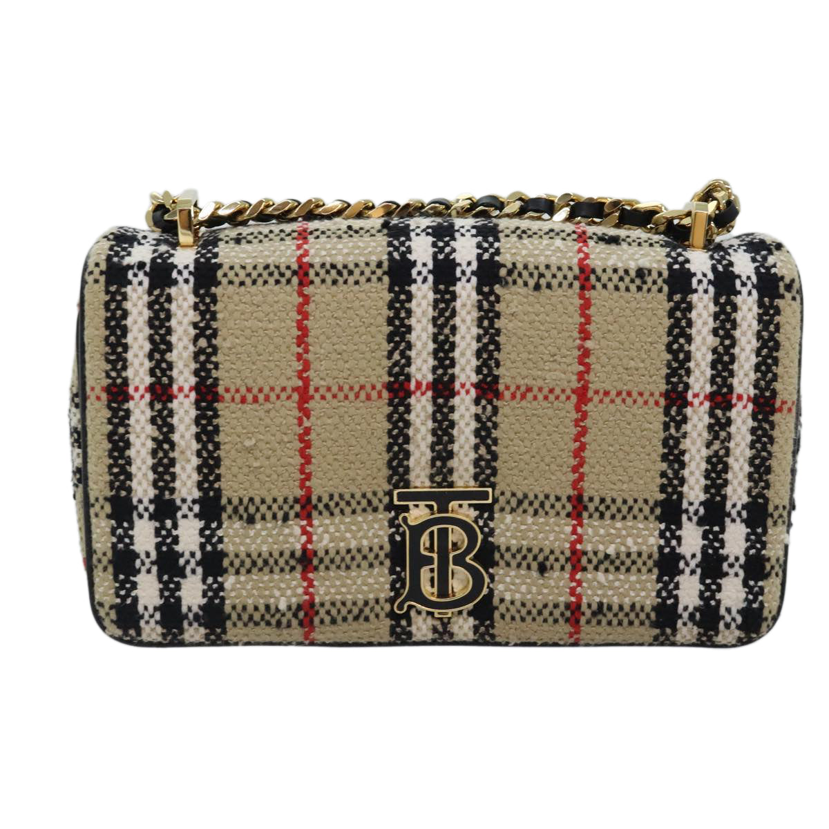 BURBERRY Nova Check Chain Shoulder Bag Canvas Gold Beige Auth 91588