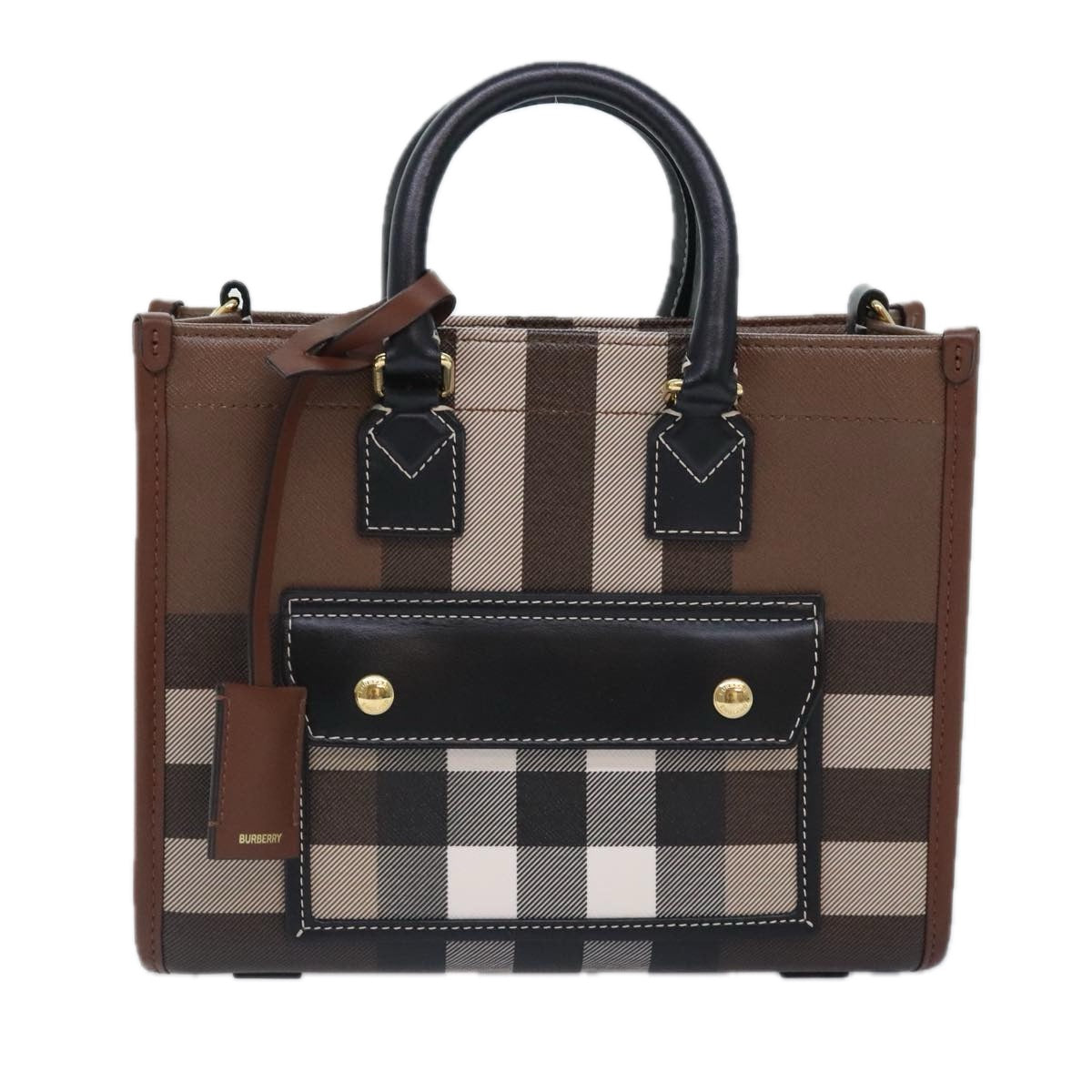 BURBERRY Nova Check Hand Bag Leather 2way Brown Gold Auth 91589A