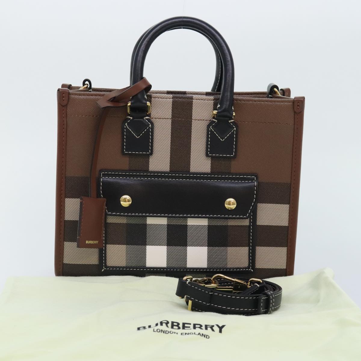 BURBERRY Nova Check Hand Bag Leather 2way Brown Gold Auth 91589A