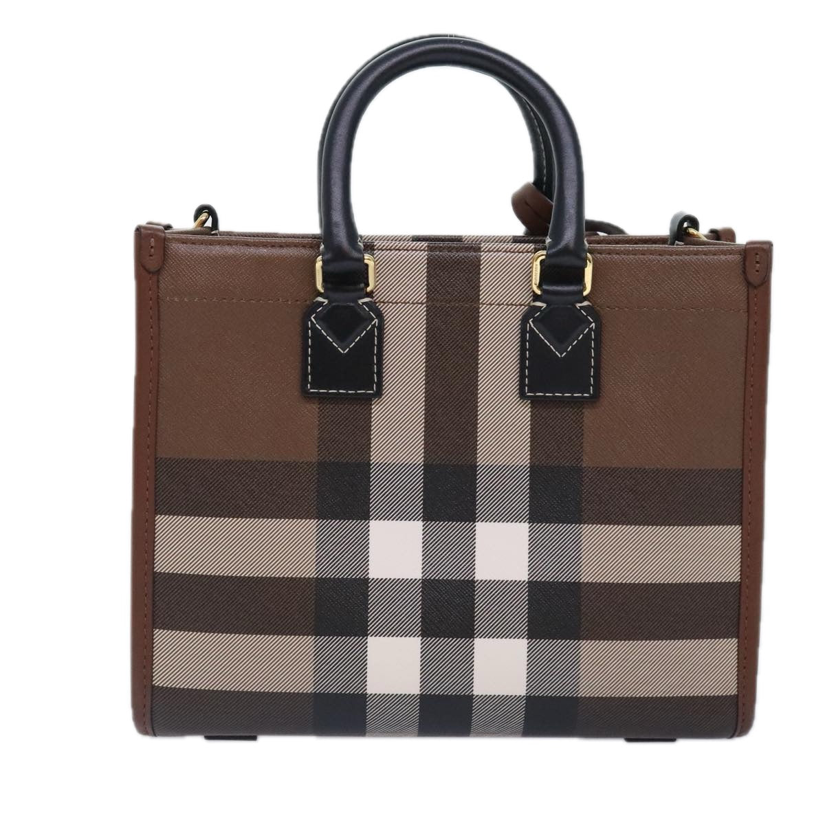 BURBERRY Nova Check Hand Bag Leather 2way Brown Gold Auth 91589A