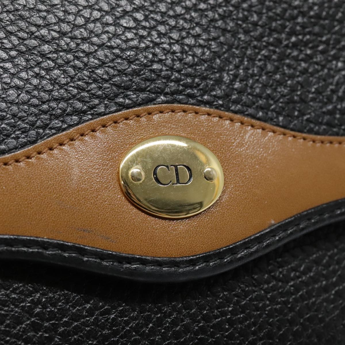 Christian Dior Hand Bag Leather 2way Black Gold Auth 91613