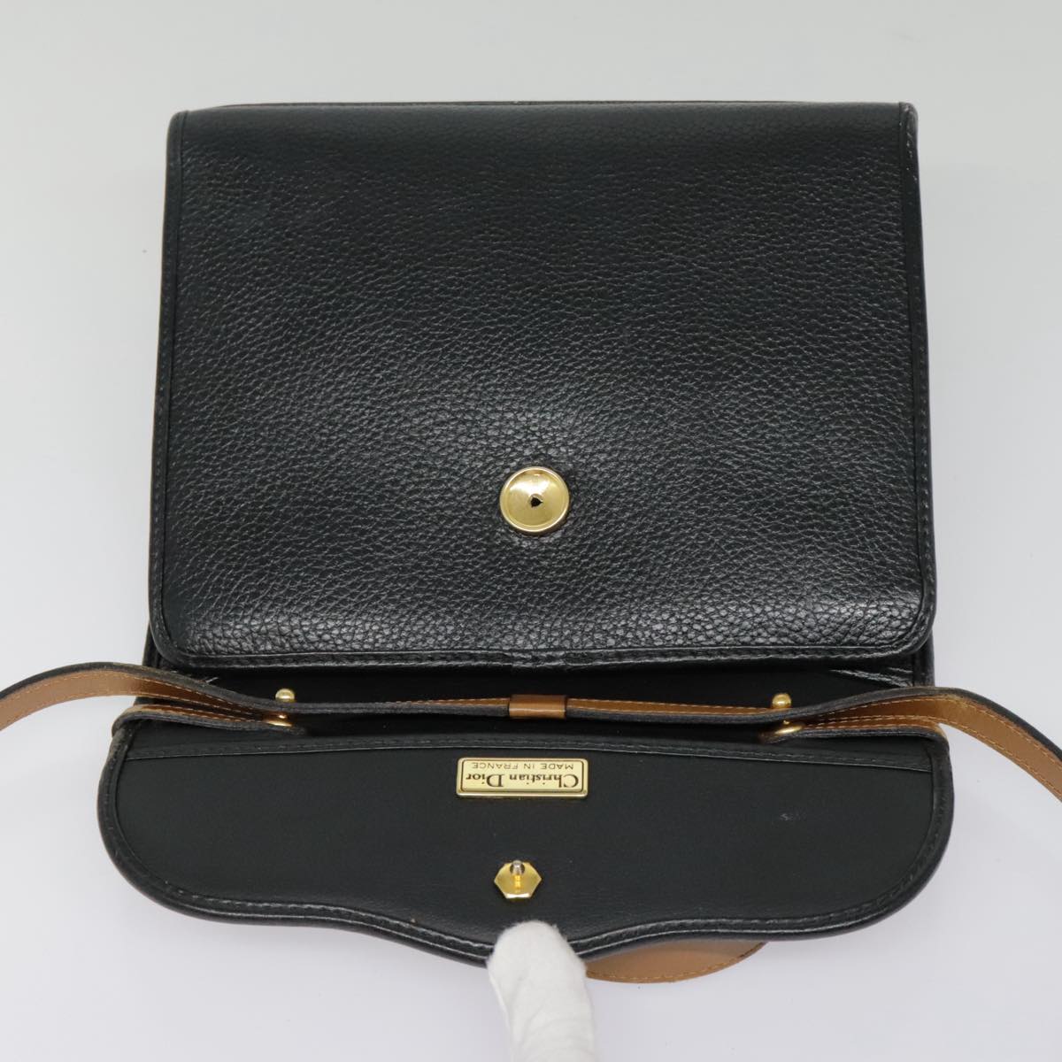 Christian Dior Hand Bag Leather 2way Black Gold Auth 91613