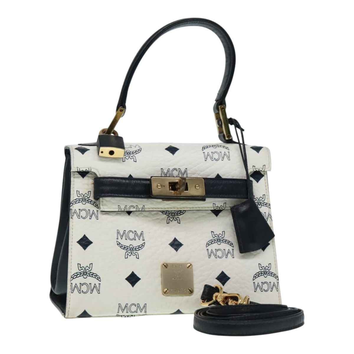 MCM Vicetos Logogram Hand Bag PVC Leather 2way White Navy gold Auth 91627