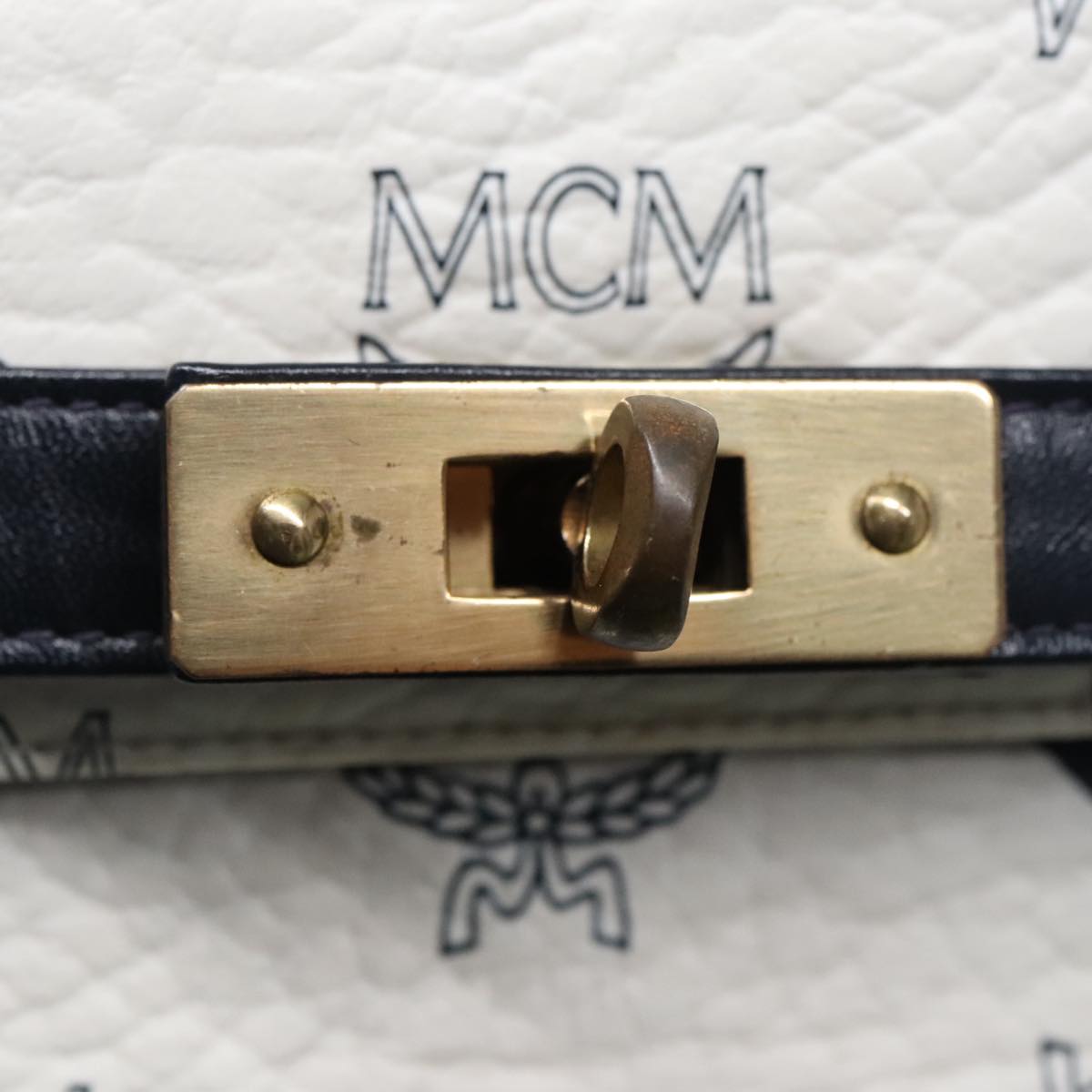 MCM Vicetos Logogram Hand Bag PVC Leather 2way White Navy gold Auth 91627