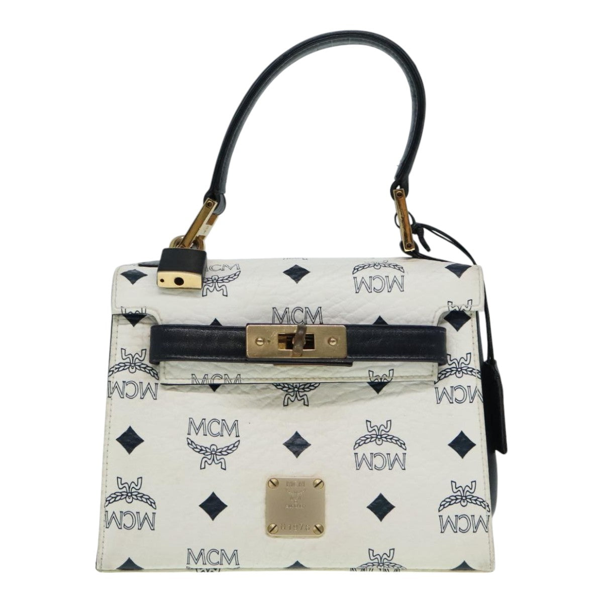 MCM Vicetos Logogram Hand Bag PVC Leather 2way White Navy gold Auth 91627