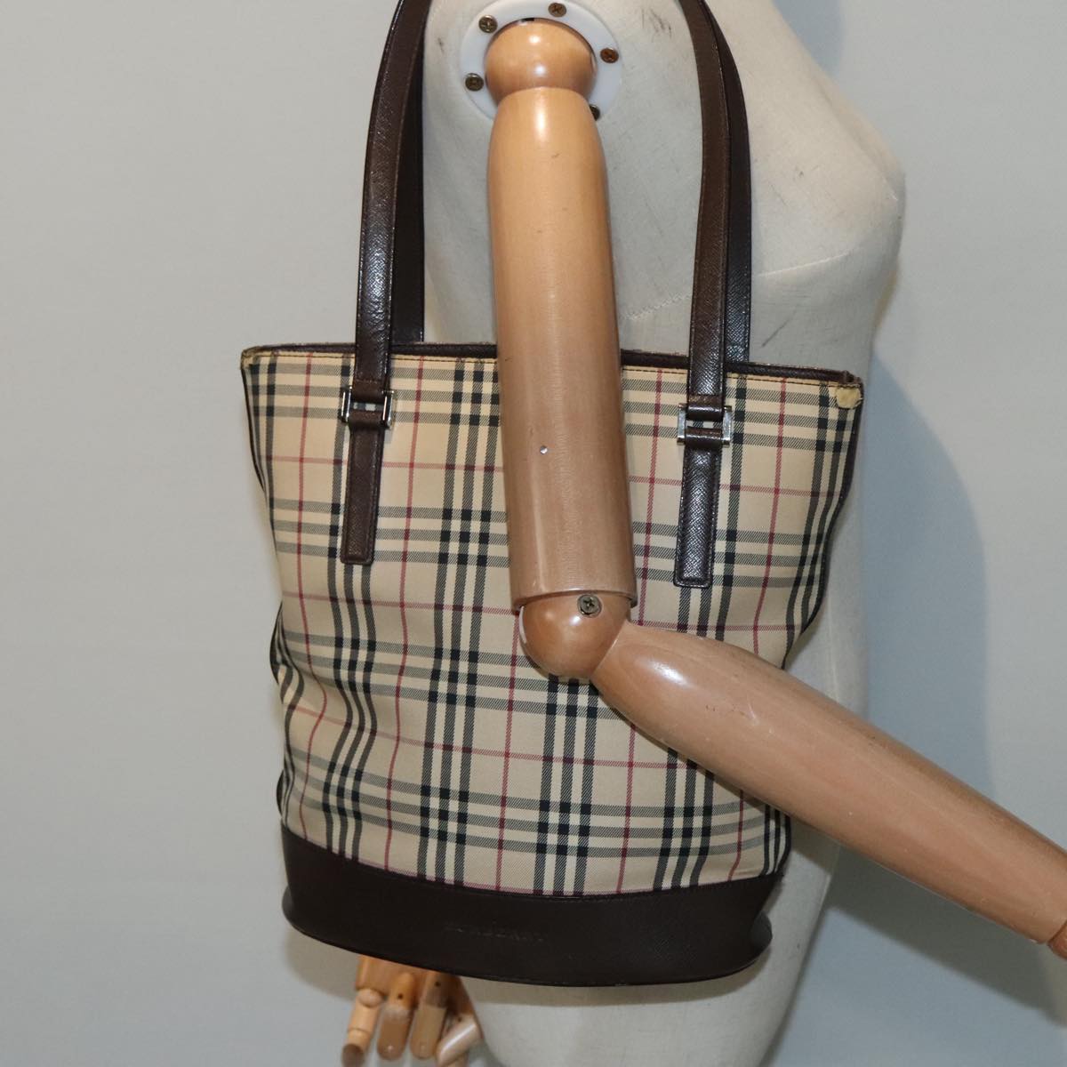 BURBERRY Nova Check Tote Bag Canvas Leather Beige Brown Silver Auth 91628