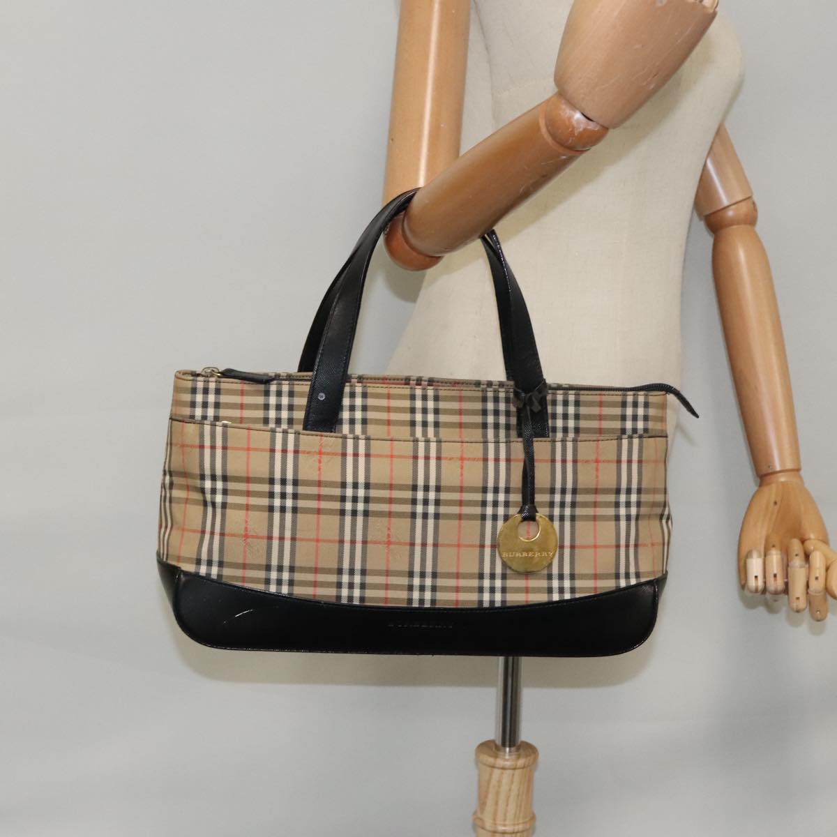 BURBERRY Nova Check Hand Bag Canvas Leather Beige Gold Auth 91723