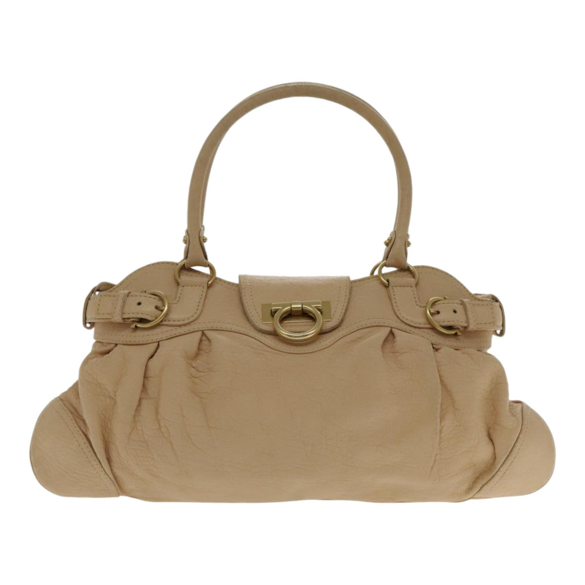 Salvatore Ferragamo Gancini Hand Bag Leather Beige Gold Auth 91733