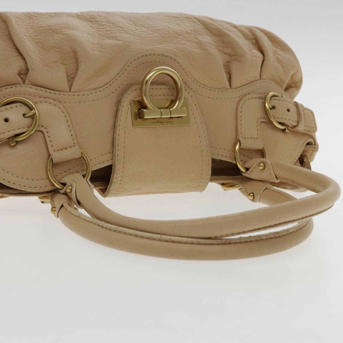 Salvatore Ferragamo Gancini Hand Bag Leather Beige Gold Auth 91733