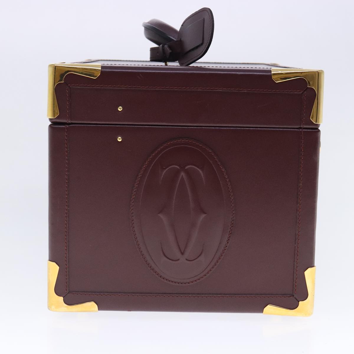 CARTIER Makeup Box Cosmetic Pouch Leather Bordeaux Gold Auth 91744