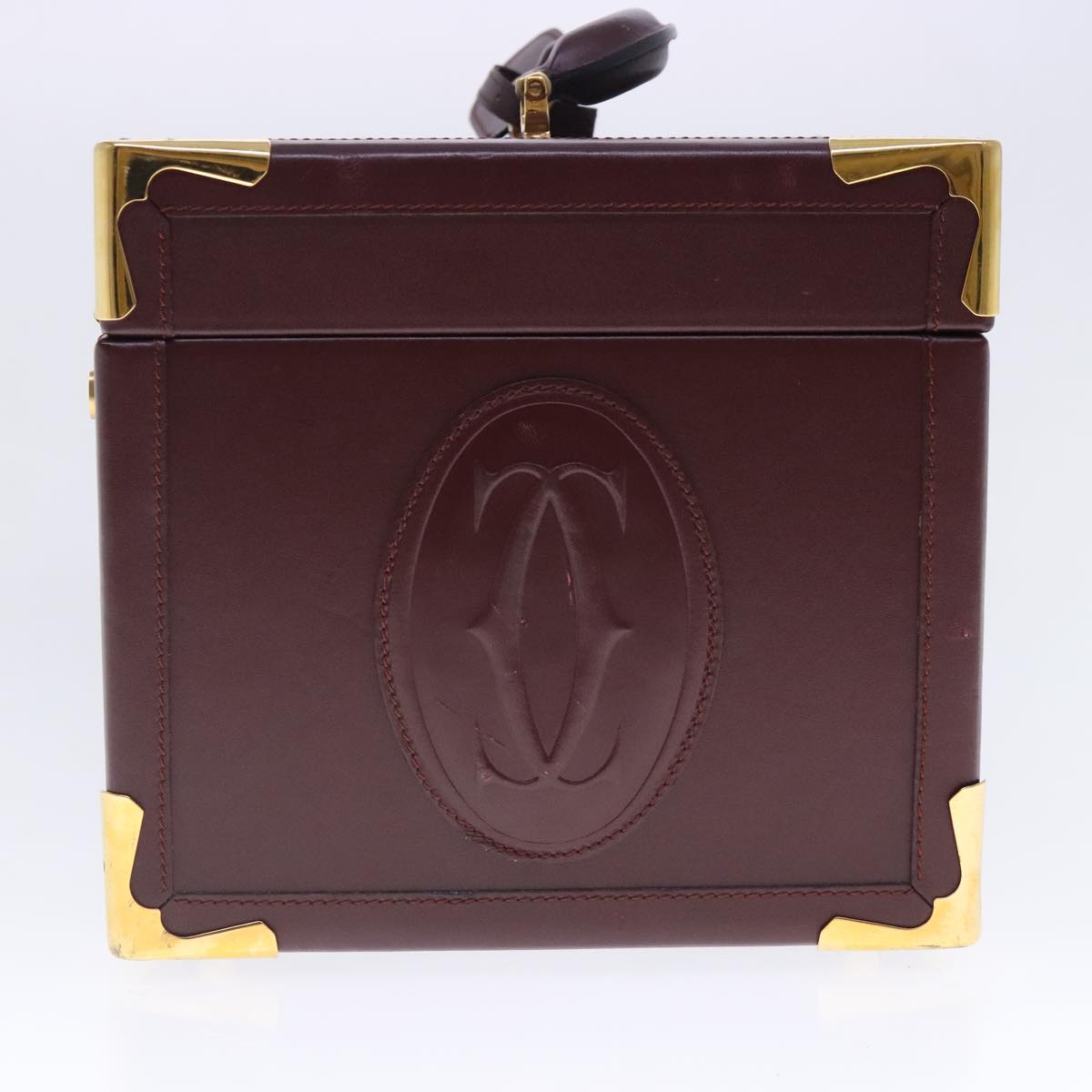 CARTIER Makeup Box Cosmetic Pouch Leather Bordeaux Gold Auth 91744