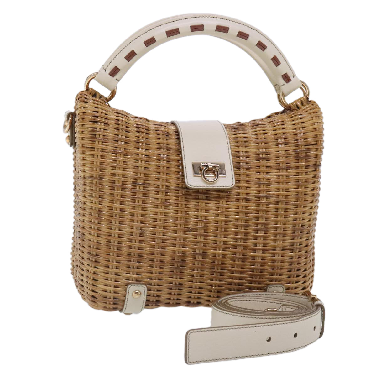 Salvatore Ferragamo Gancini Hand Bag Wicker 2way Beige Gold Auth 91745