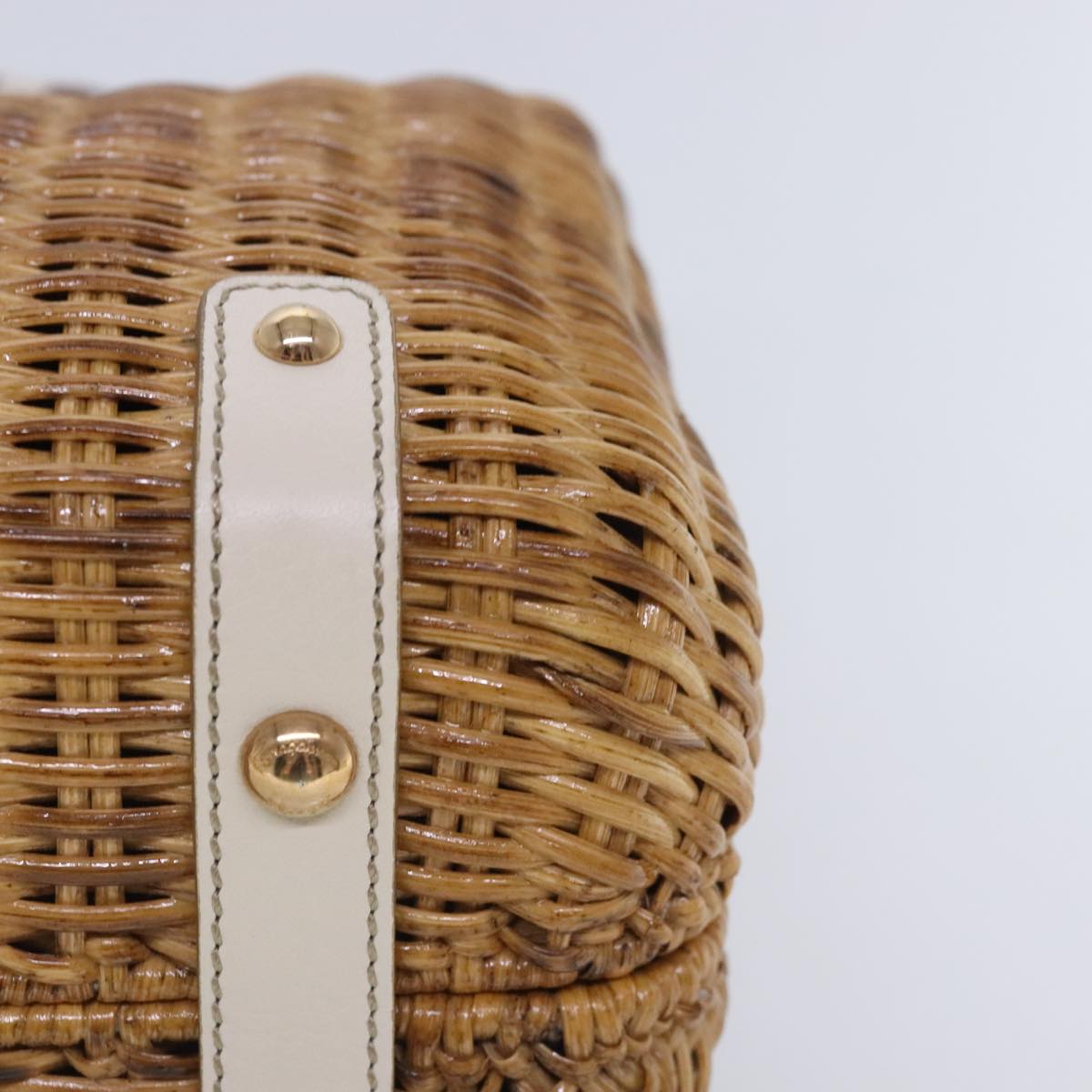 Salvatore Ferragamo Gancini Hand Bag Wicker 2way Beige Gold Auth 91745