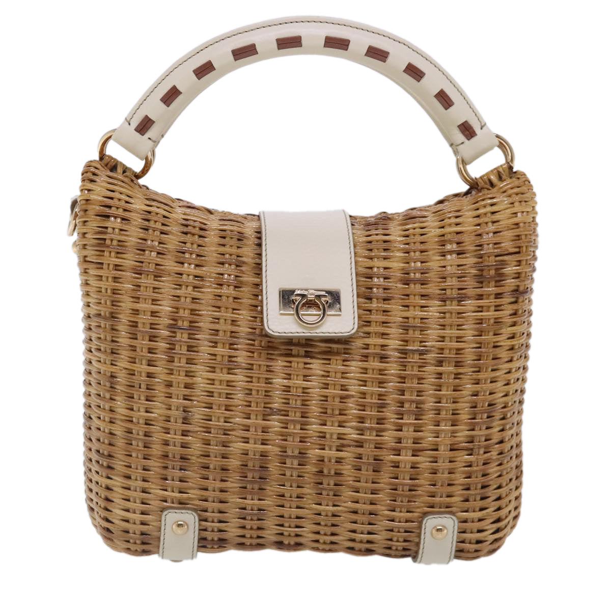 Salvatore Ferragamo Gancini Hand Bag Wicker 2way Beige Gold Auth 91745