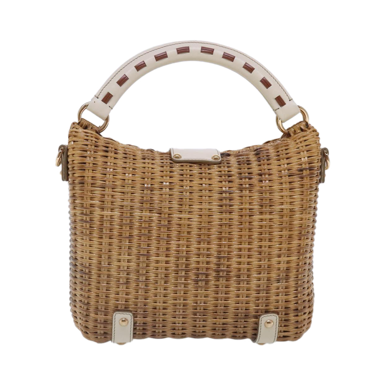 Salvatore Ferragamo Gancini Hand Bag Wicker 2way Beige Gold Auth 91745