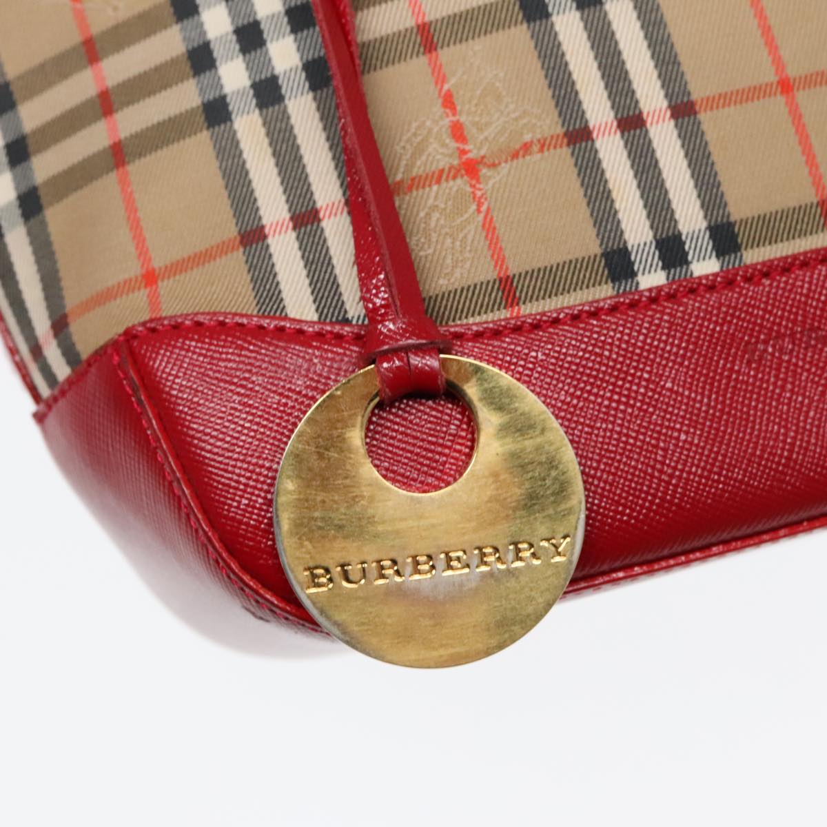 BURBERRY Nova Check Hand Bag Canvas Leather Beige Red gold Auth 91808