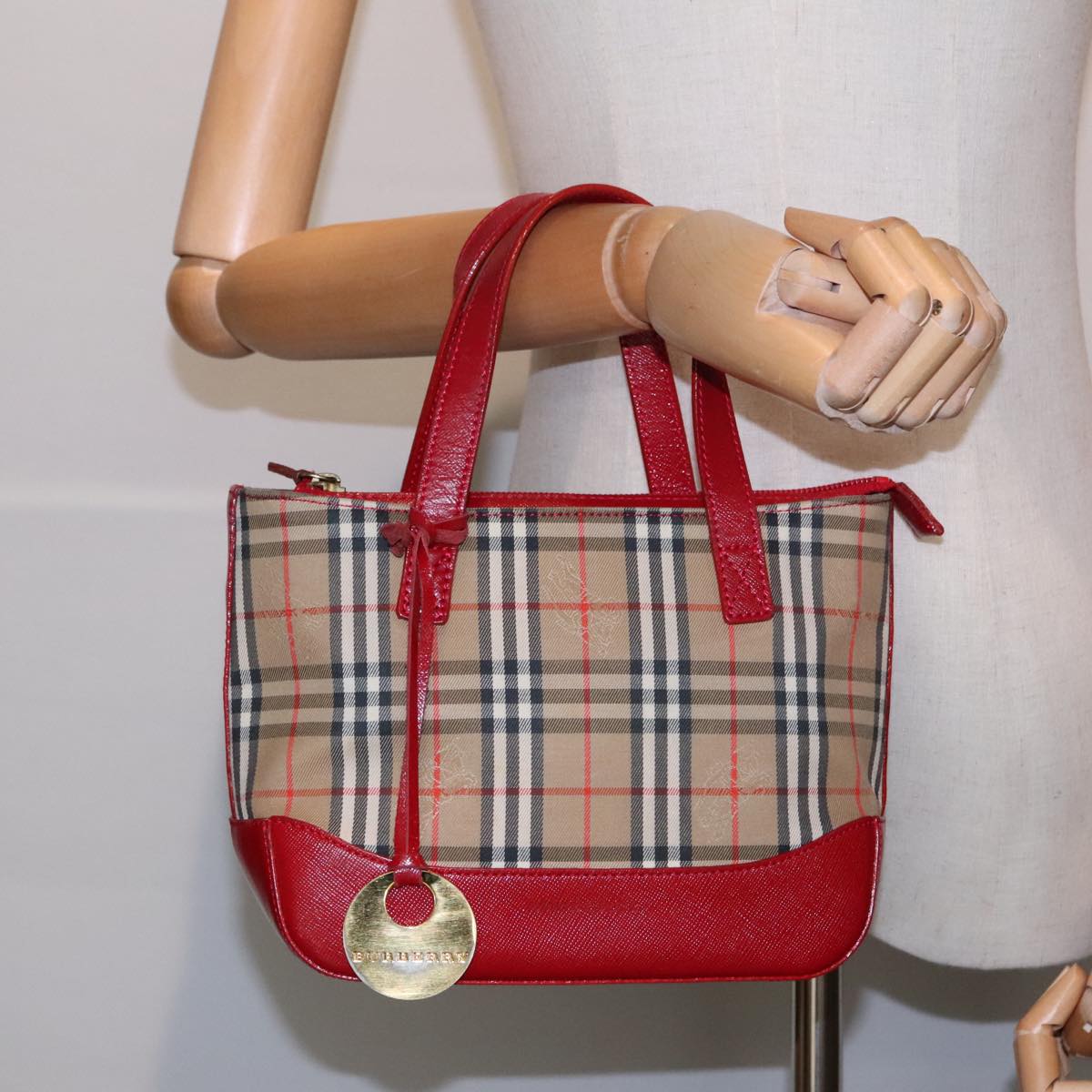 BURBERRY Nova Check Hand Bag Canvas Leather Beige Red gold Auth 91808