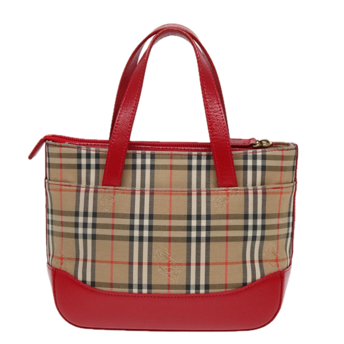 BURBERRY Nova Check Hand Bag Canvas Leather Beige Red gold Auth 91808