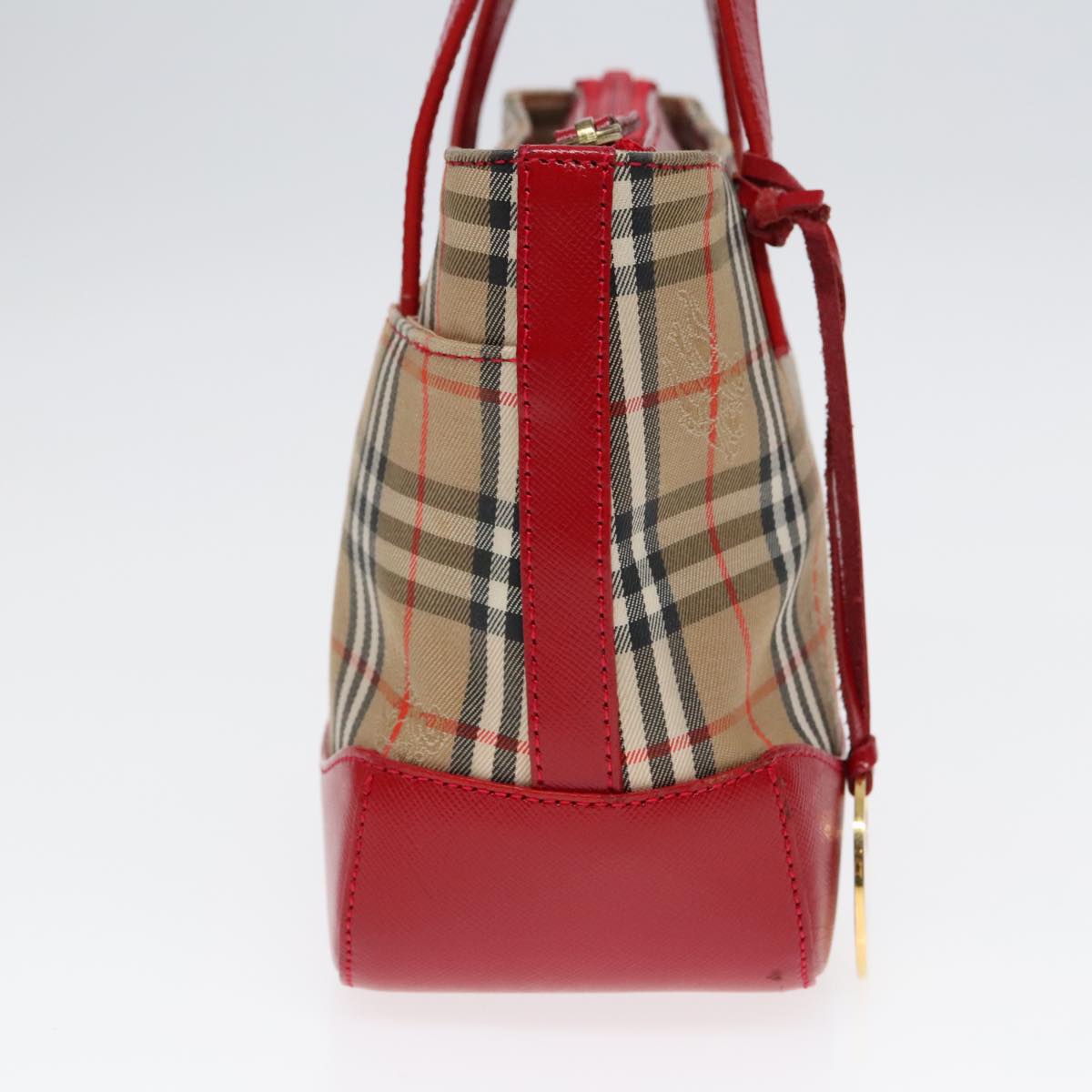 BURBERRY Nova Check Hand Bag Canvas Leather Beige Red gold Auth 91808