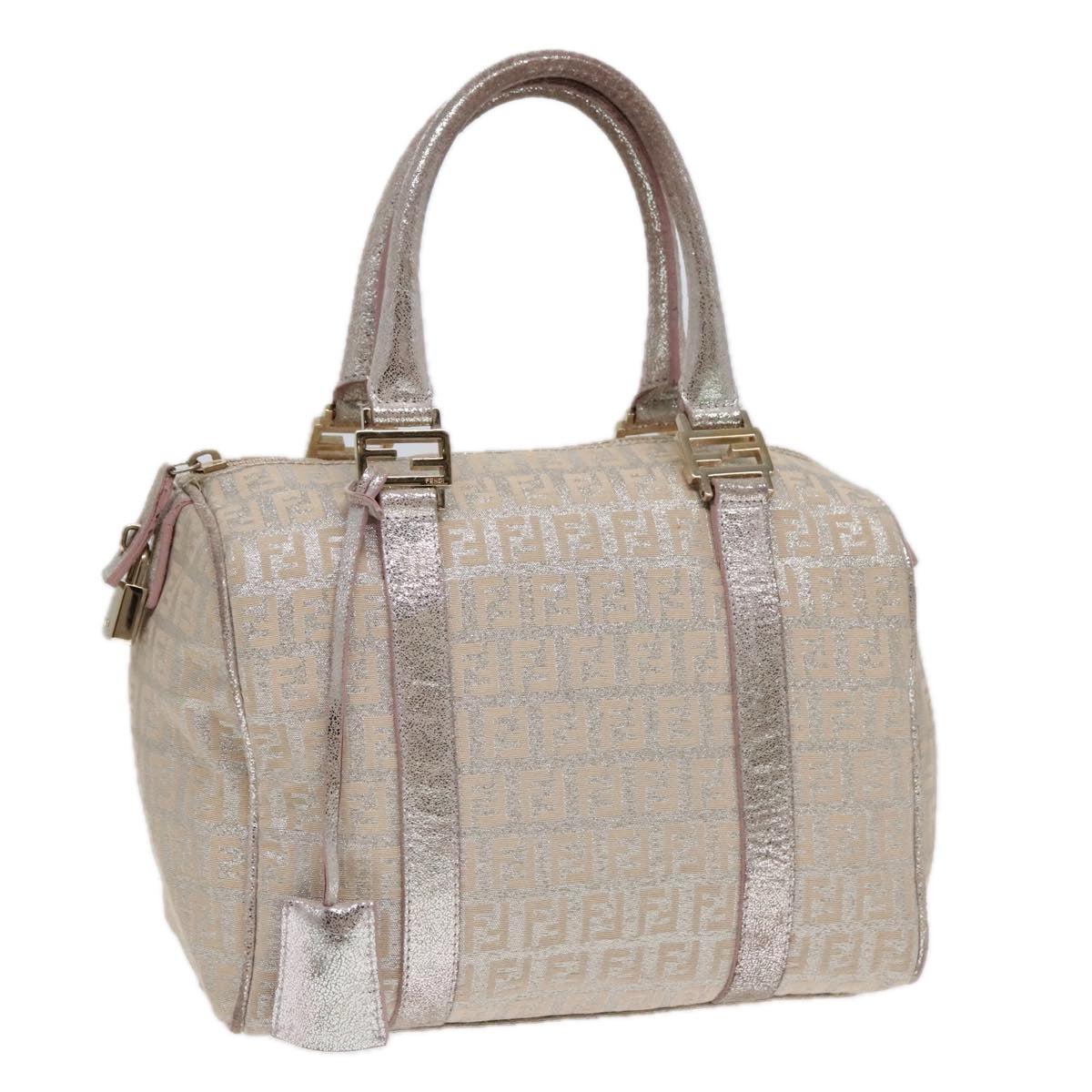 FENDI Zucchino Canvas Boston Bag Silver Beige Auth 91810