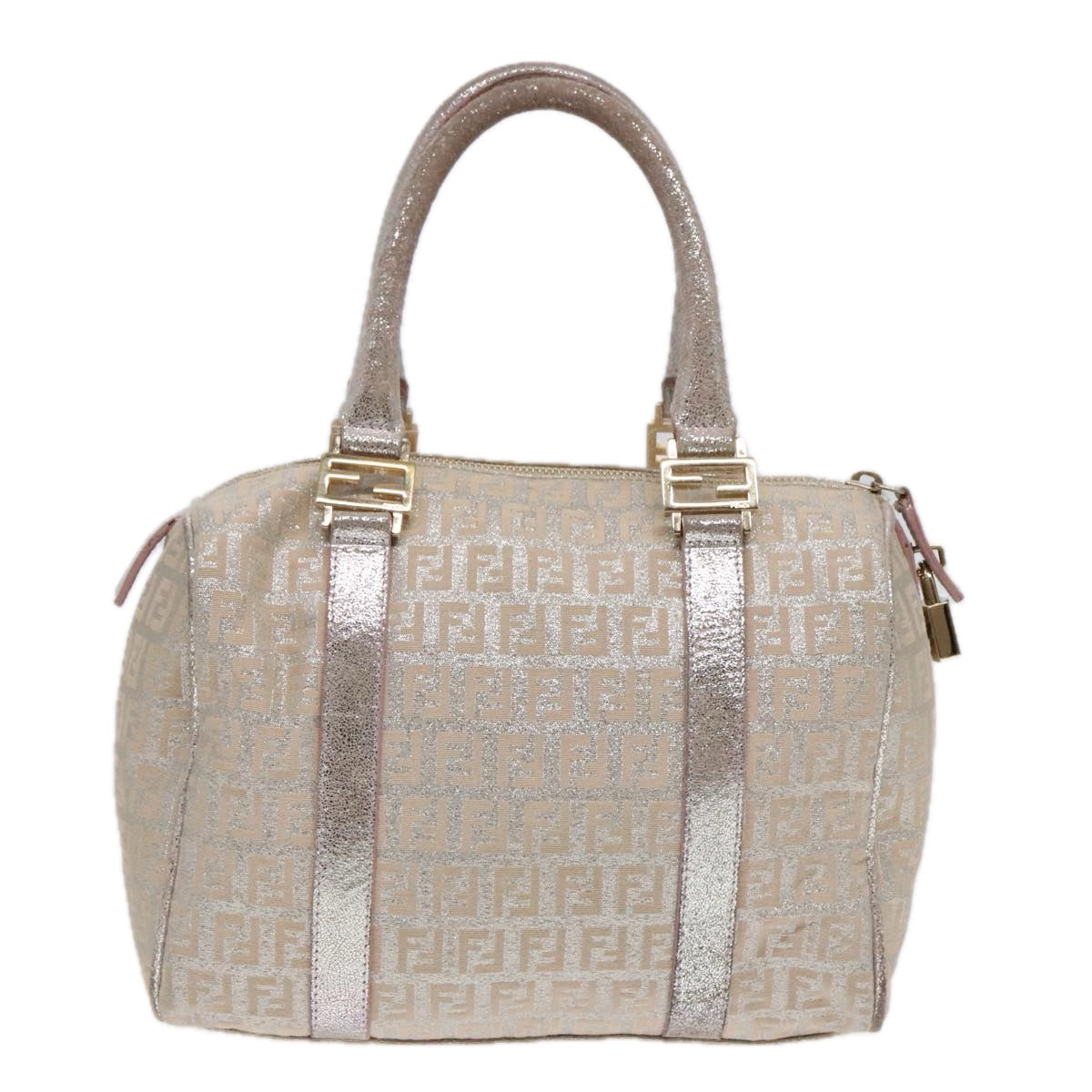 FENDI Zucchino Canvas Boston Bag Silver Beige Auth 91810