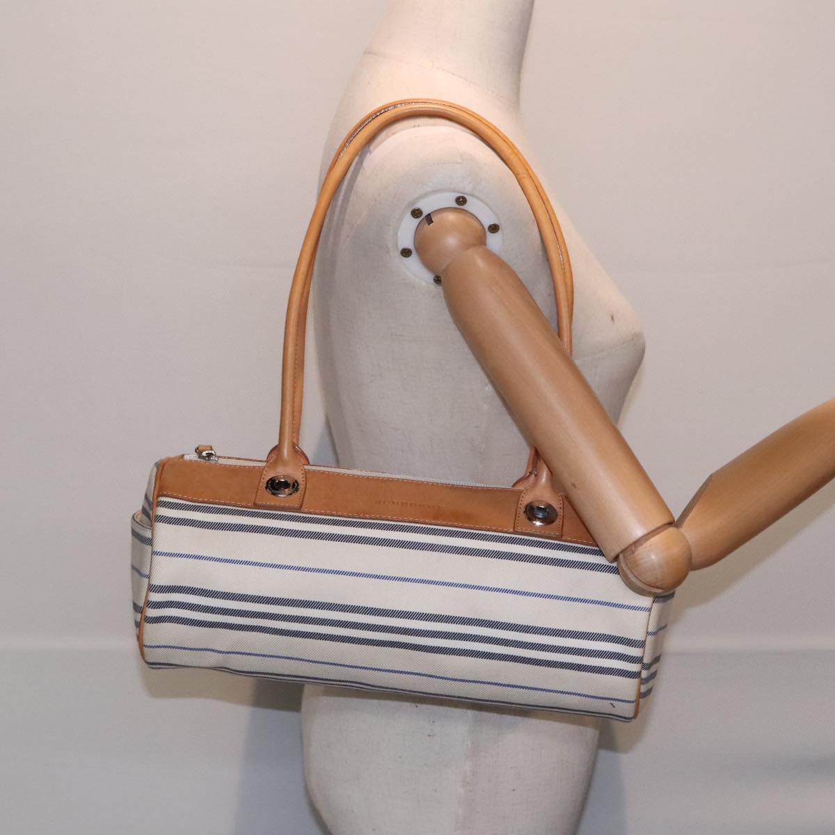 BURBERRY Shoulder Bag Canvas Leather White Brown Auth 91819