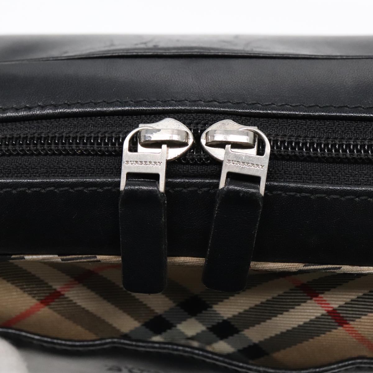 BURBERRY Nova Check Hand Bag Leather nylon Black Silver Auth 91820