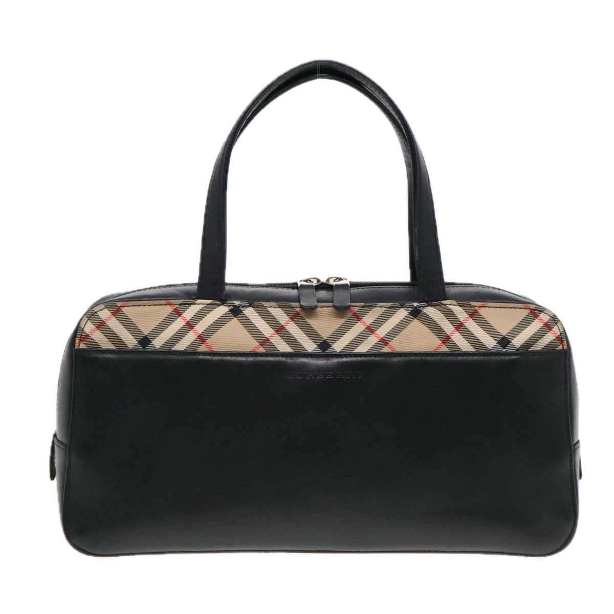 BURBERRY Nova Check Hand Bag Leather nylon Black Silver Auth 91820