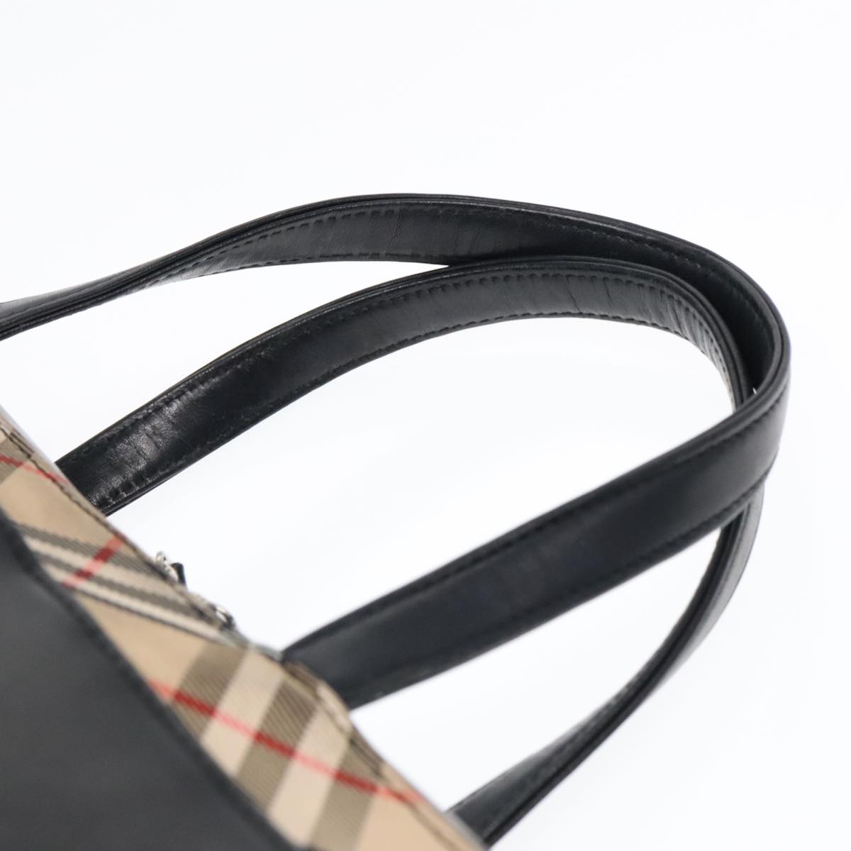 BURBERRY Nova Check Hand Bag Leather nylon Black Silver Auth 91820