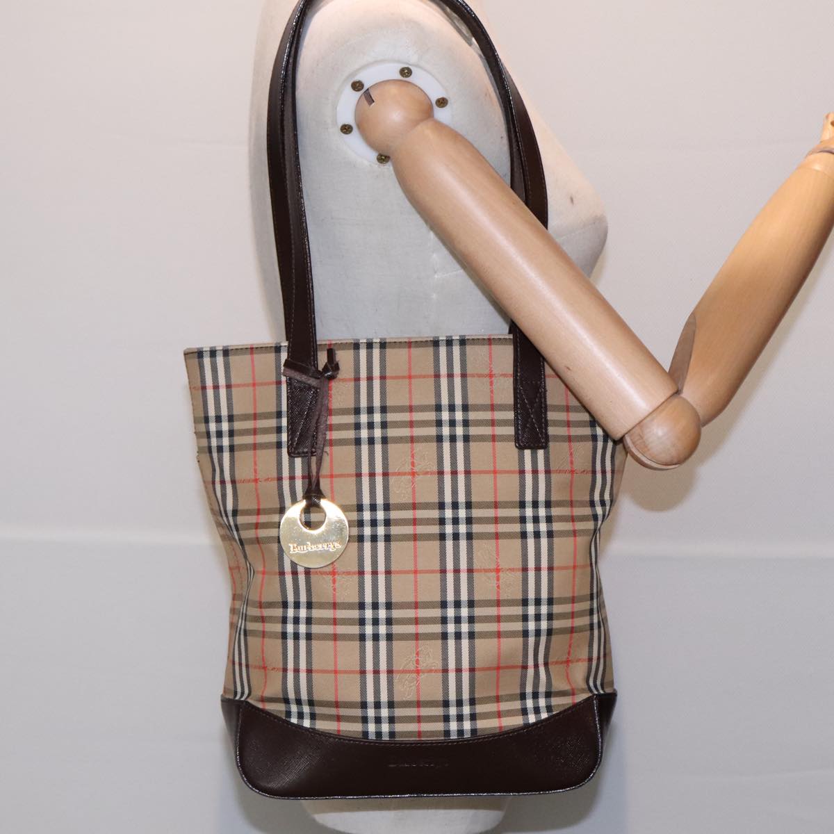 Burberrys Nova Check Shoulder Bag Canvas Leather Beige Brown gold Auth 91832