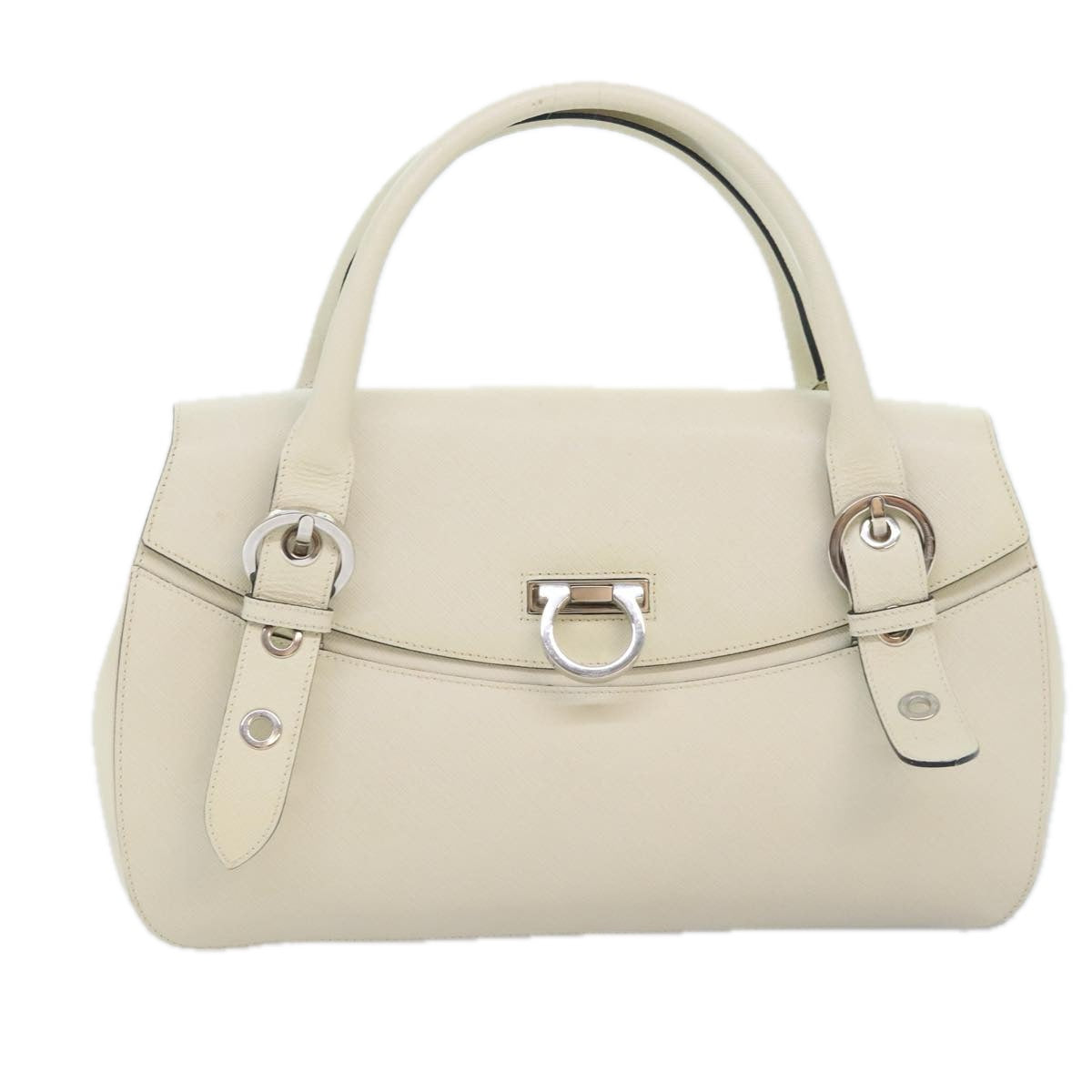 Salvatore Ferragamo Gancini Hand Bag Leather White Silver Auth 91846