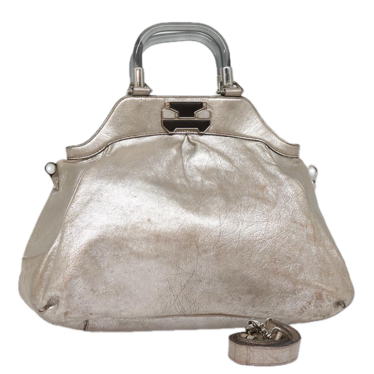 CELINE Hand Bag Leather 2way Silver Auth 91848