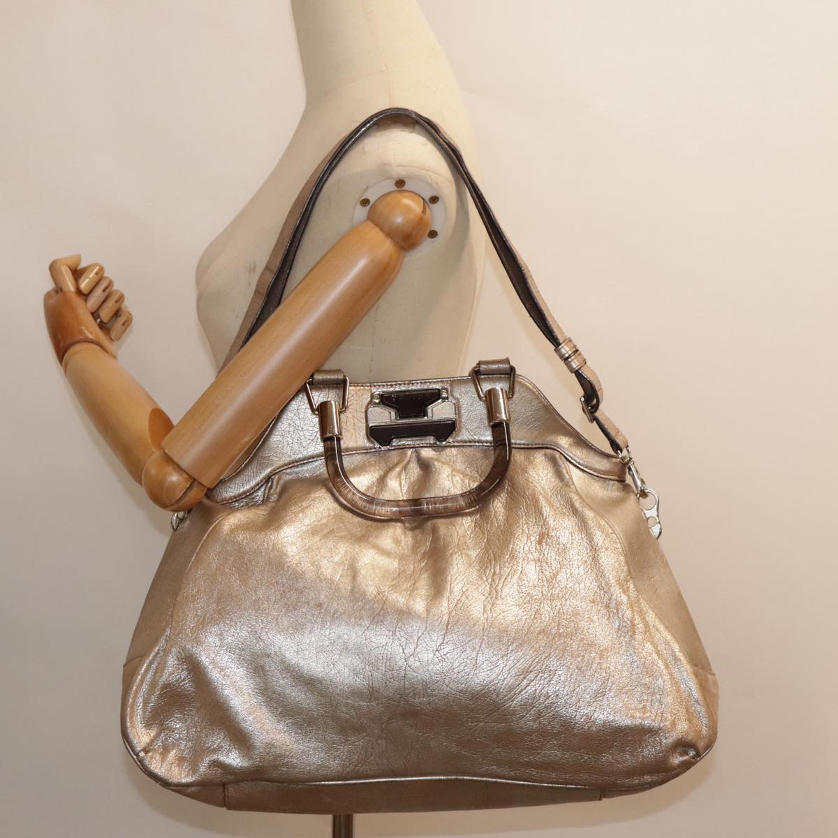 CELINE Hand Bag Leather 2way Silver Auth 91848