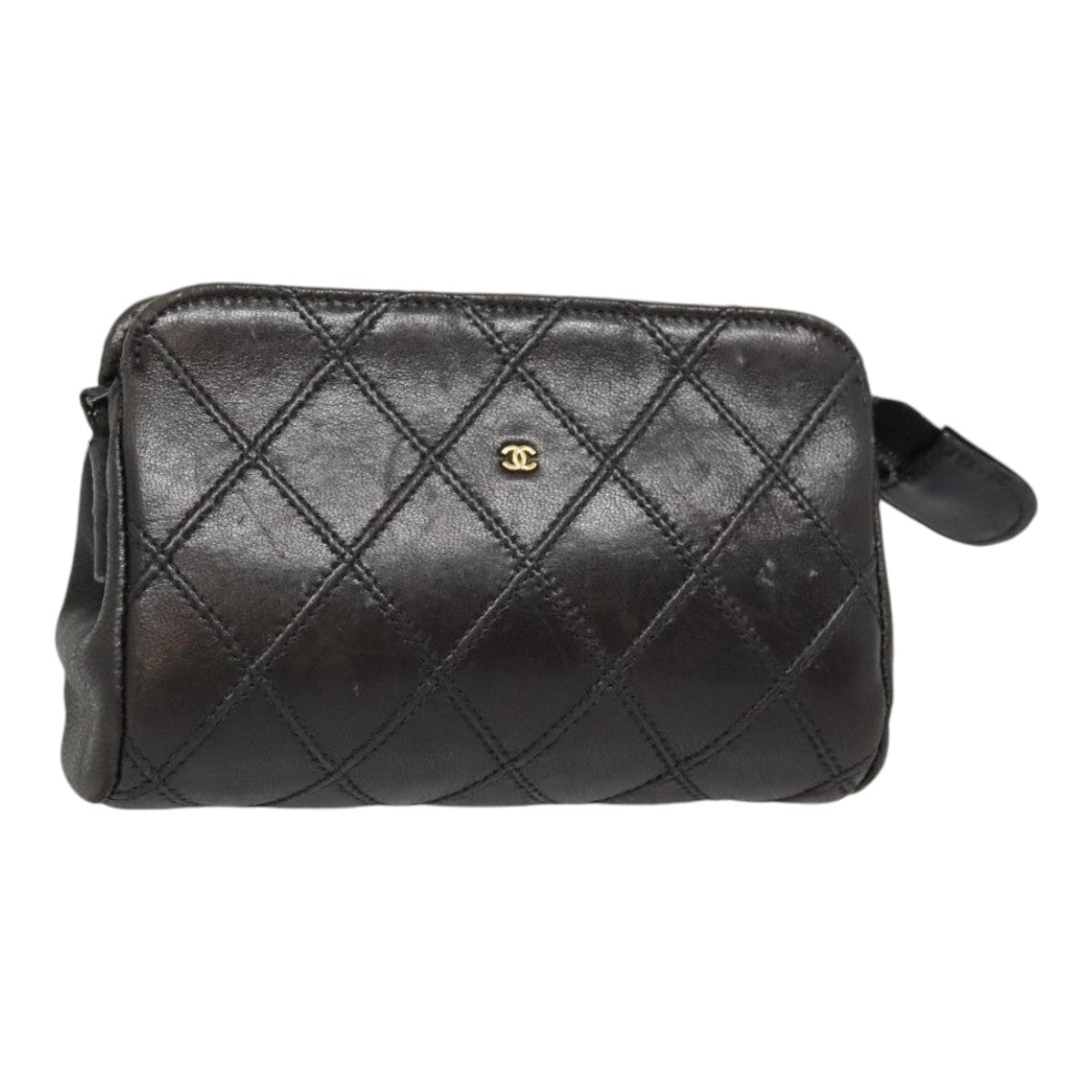 CHANEL Matelasse Pouch Lamb Skin Black CC Auth 91929