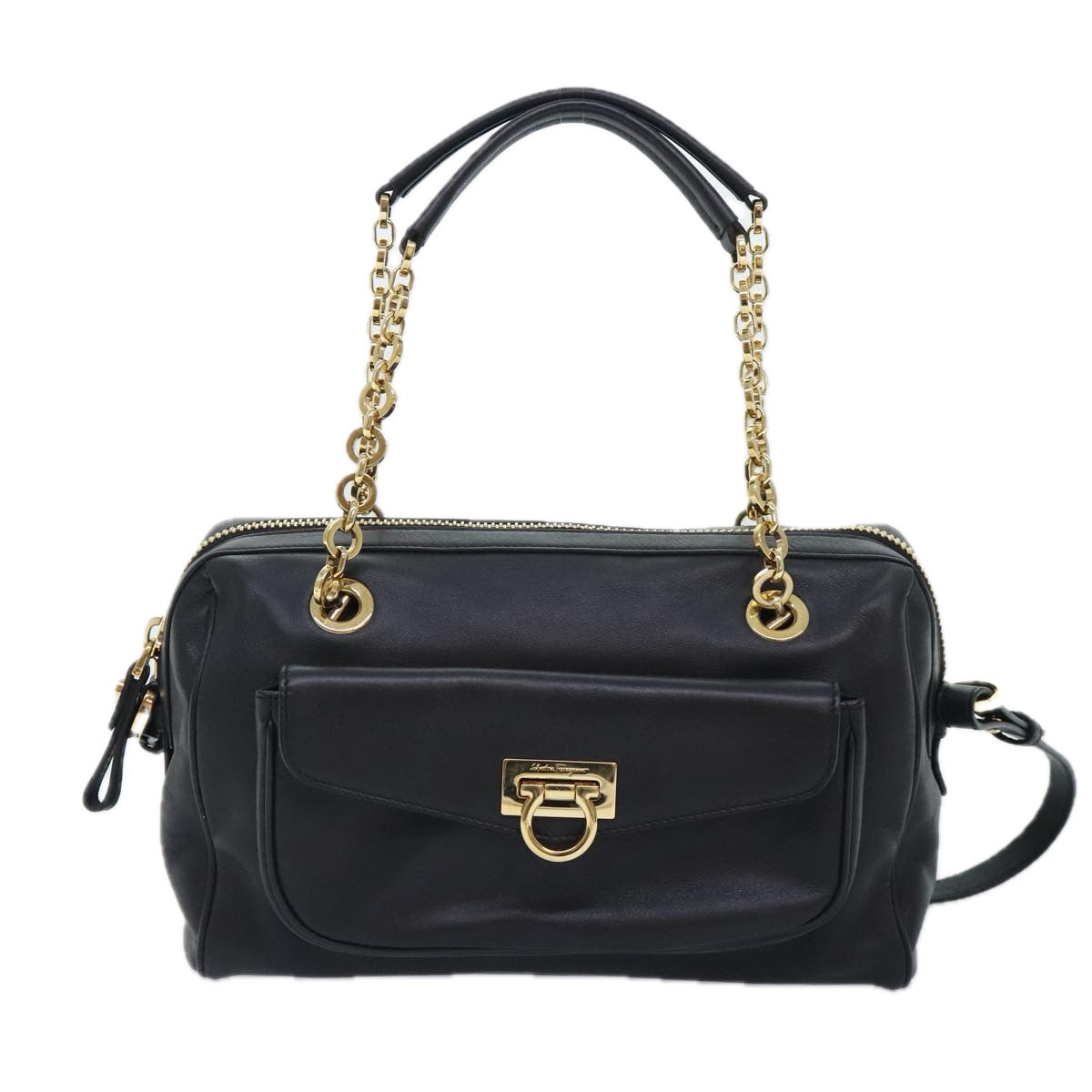 Salvatore Ferragamo Gancini Chain Shoulder Bag Leather Black Gold Auth 92072AV