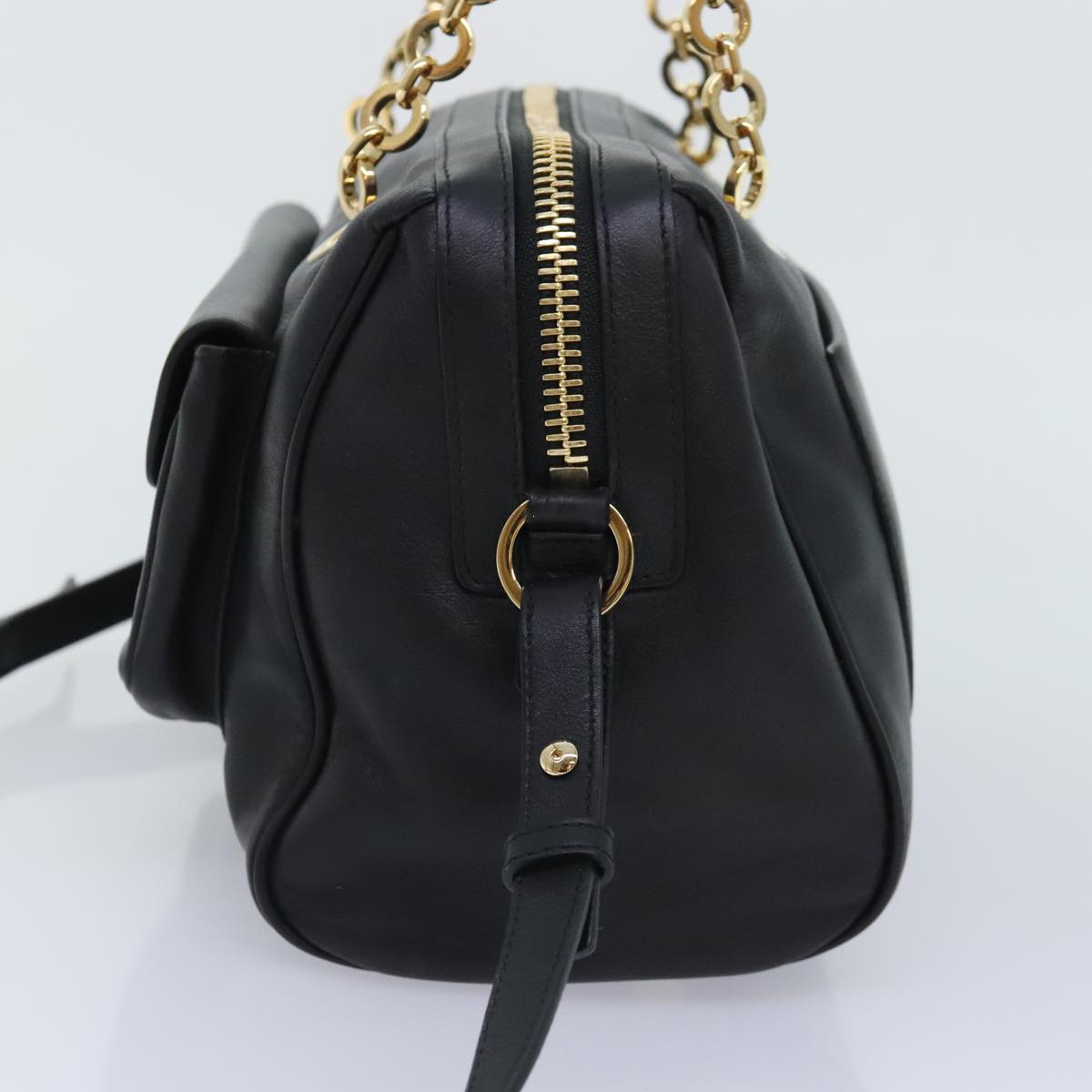 Salvatore Ferragamo Gancini Chain Shoulder Bag Leather Black Gold Auth 92072AV