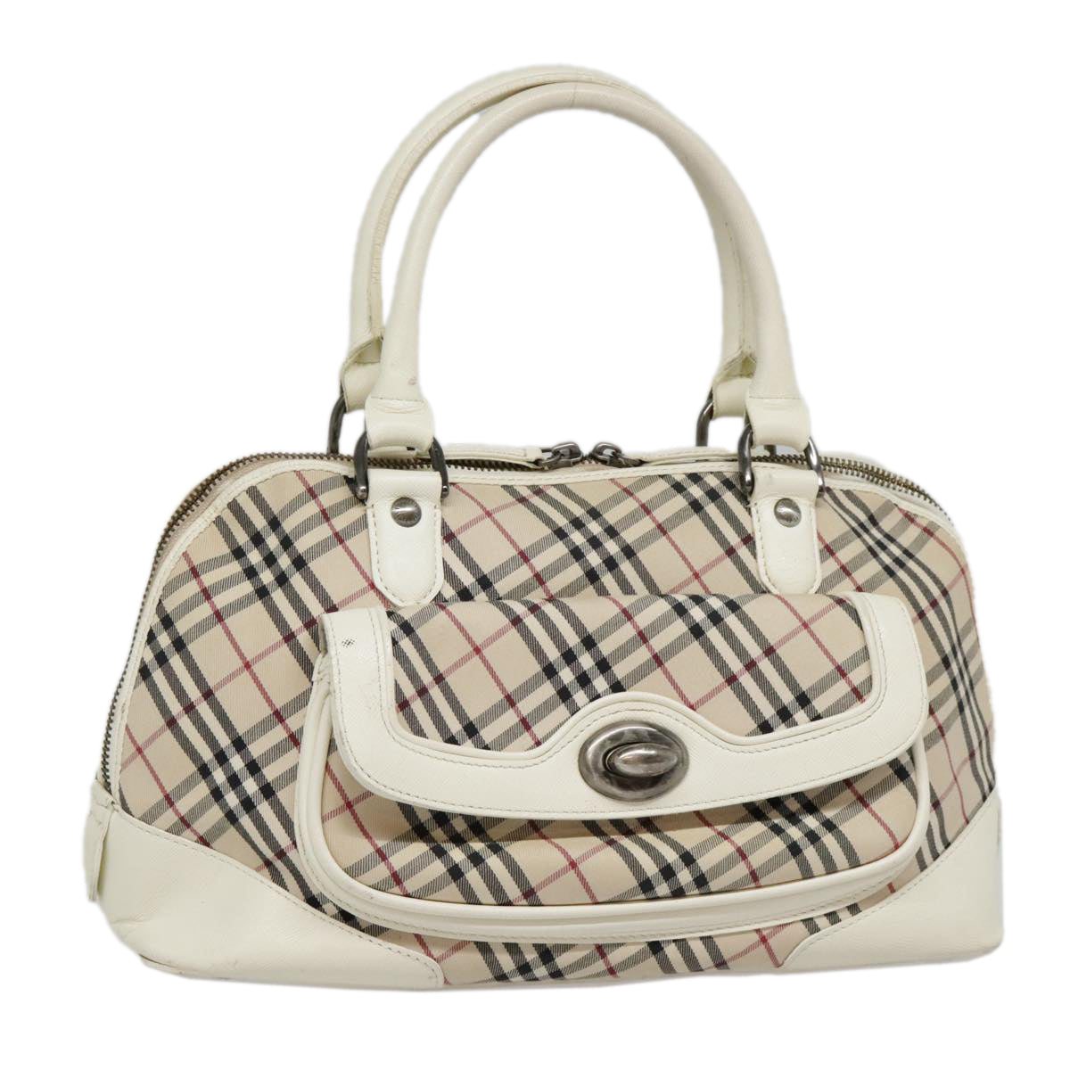 BURBERRY Nova Check Hand Bag Canvas Leather Beige White Auth 92079